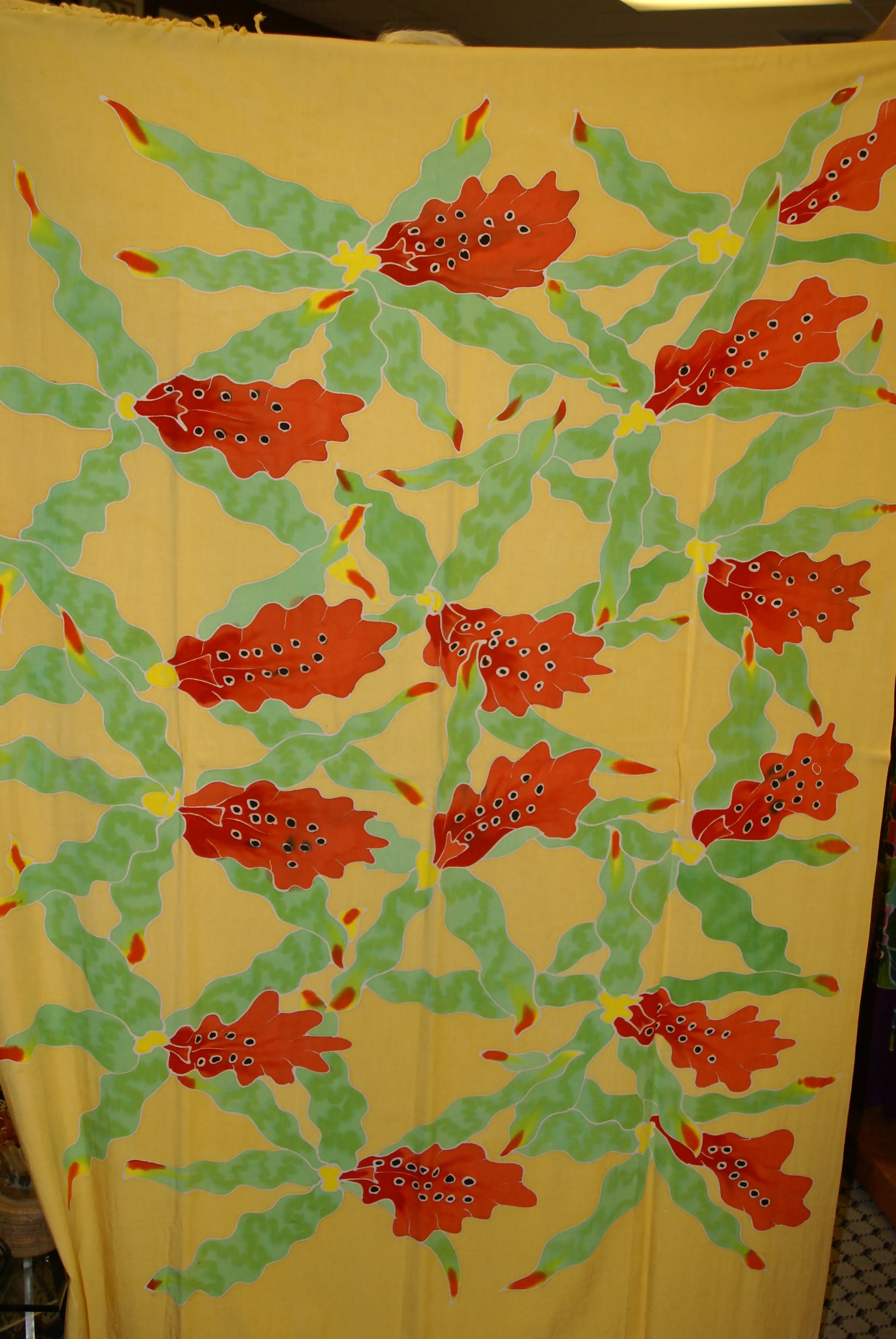 HIGH QUALITY HAND PAINTED FABRIC SARONG SIGNED BY THE ARTIST: ODONTOGLOSSUM ORCHIDS 70" x 48" (no 2C) ORANGE YELLOW GREEN