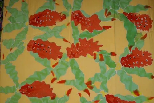 HIGH QUALITY HAND PAINTED FABRIC SARONG SIGNED BY THE ARTIST: ODONTOGLOSSUM ORCHIDS 70" x 48" (no 2C) ORANGE YELLOW GREEN