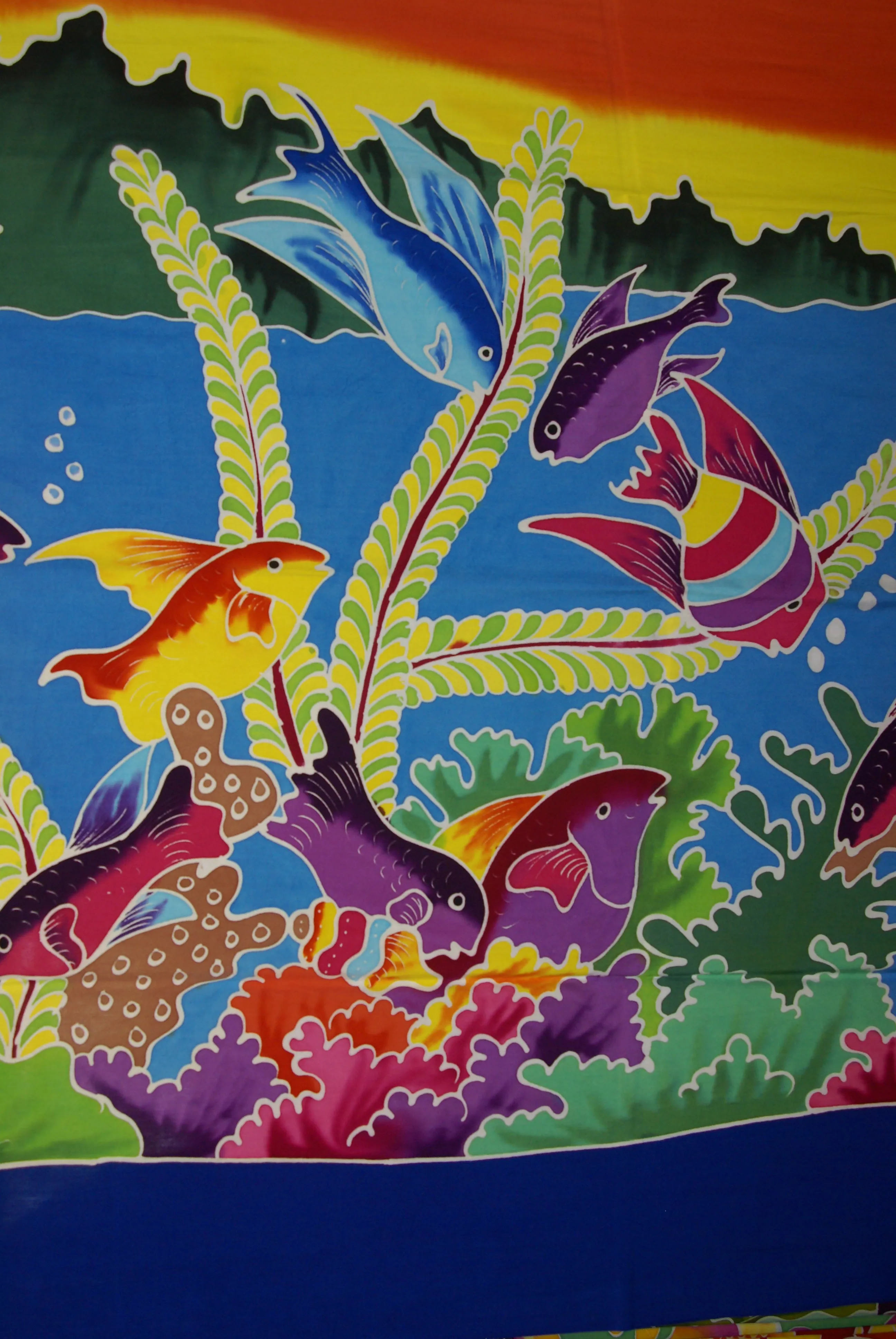 HIGH QUALITY HAND PAINTED FABRIC SARONG WITH FRINGES, MULTICOLOR, SIGNED BY THE ARTIST: SEASCAPE, BRIGHT VIBRANT OCEAN WITH FISH AND PLANT LIFE 70" x 48" (24B)