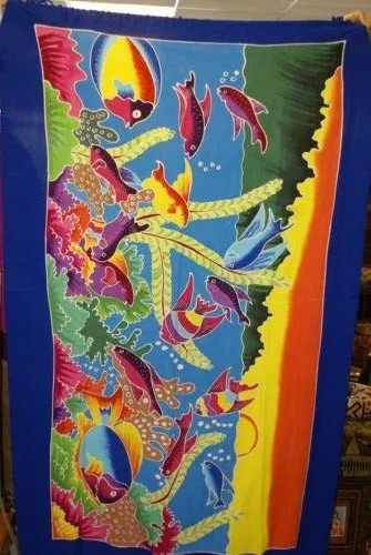 HIGH QUALITY HAND PAINTED FABRIC SARONG WITH FRINGES, MULTICOLOR, SIGNED BY THE ARTIST: SEASCAPE, BRIGHT VIBRANT OCEAN WITH FISH AND PLANT LIFE 70" x 48" (24B)