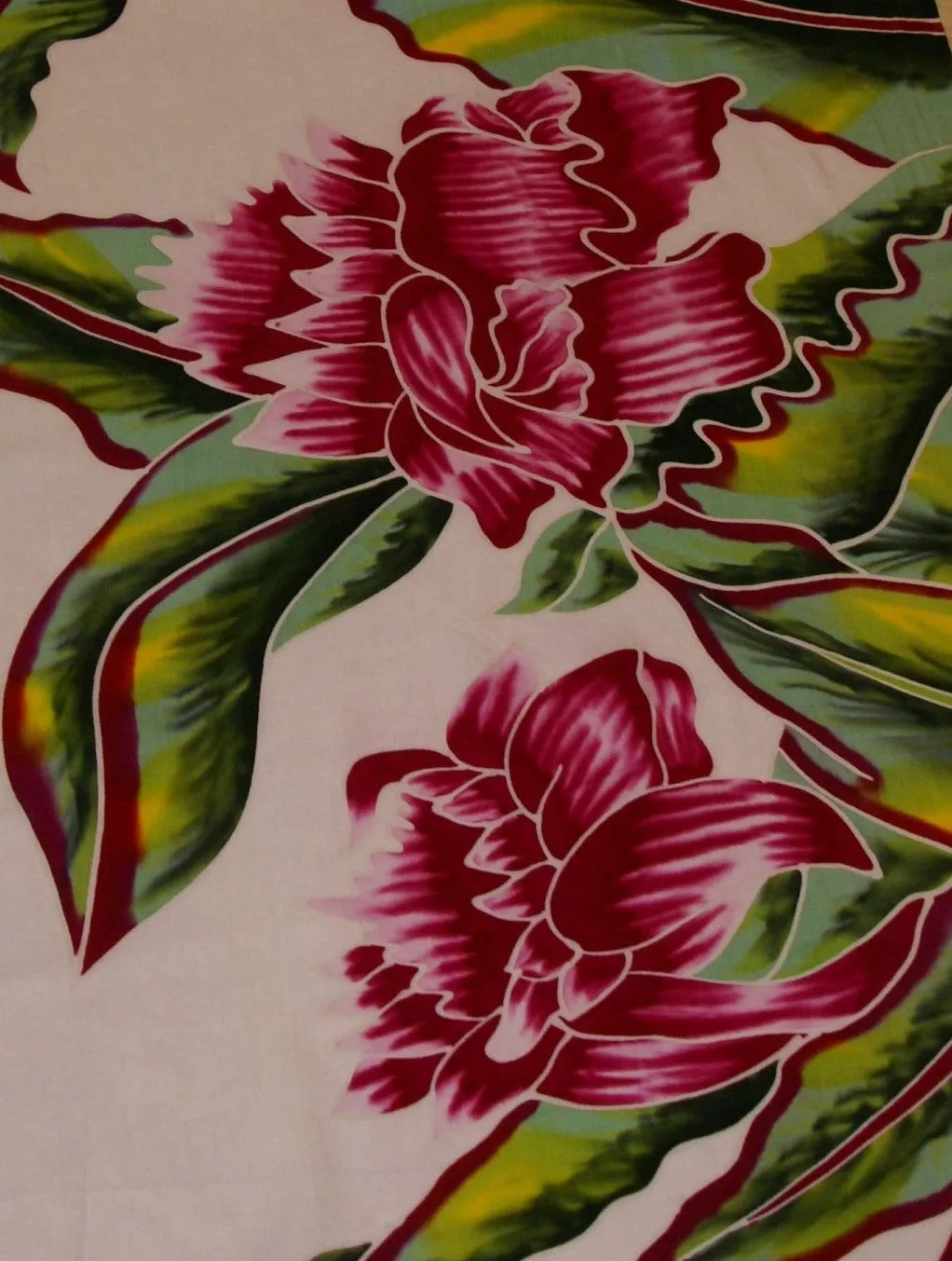 HIGH QUALITY HAND PAINTED TEXTILE FABRIC HALF SARONG OR BEACH SKIRT SIGNED BY THE ARTIST: DETAILED MOTIFS OF BLOOMING DOUBLE HIBISCUS, RICH COLORS 74" x 23" (no SC9)