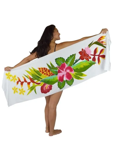 HIGH QUALITY HAND PAINTED TEXTILE FABRIC HALF SARONG OR BEACH SKIRT SIGNED BY THE ARTIST: DETAILED MOTIFS OF BLOOMING DOUBLE HIBISCUS, RICH COLORS 74" x 23" (no SC9)