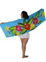 HIGH QUALITY HAND PAINTED TEXTILE FABRIC HALF SARONG OR BEACH SKIRT SIGNED BY THE ARTIST: DETAILED MOTIFS OF BLOOMING DOUBLE HIBISCUS, RICH COLORS 74" x 23" (no SC9)