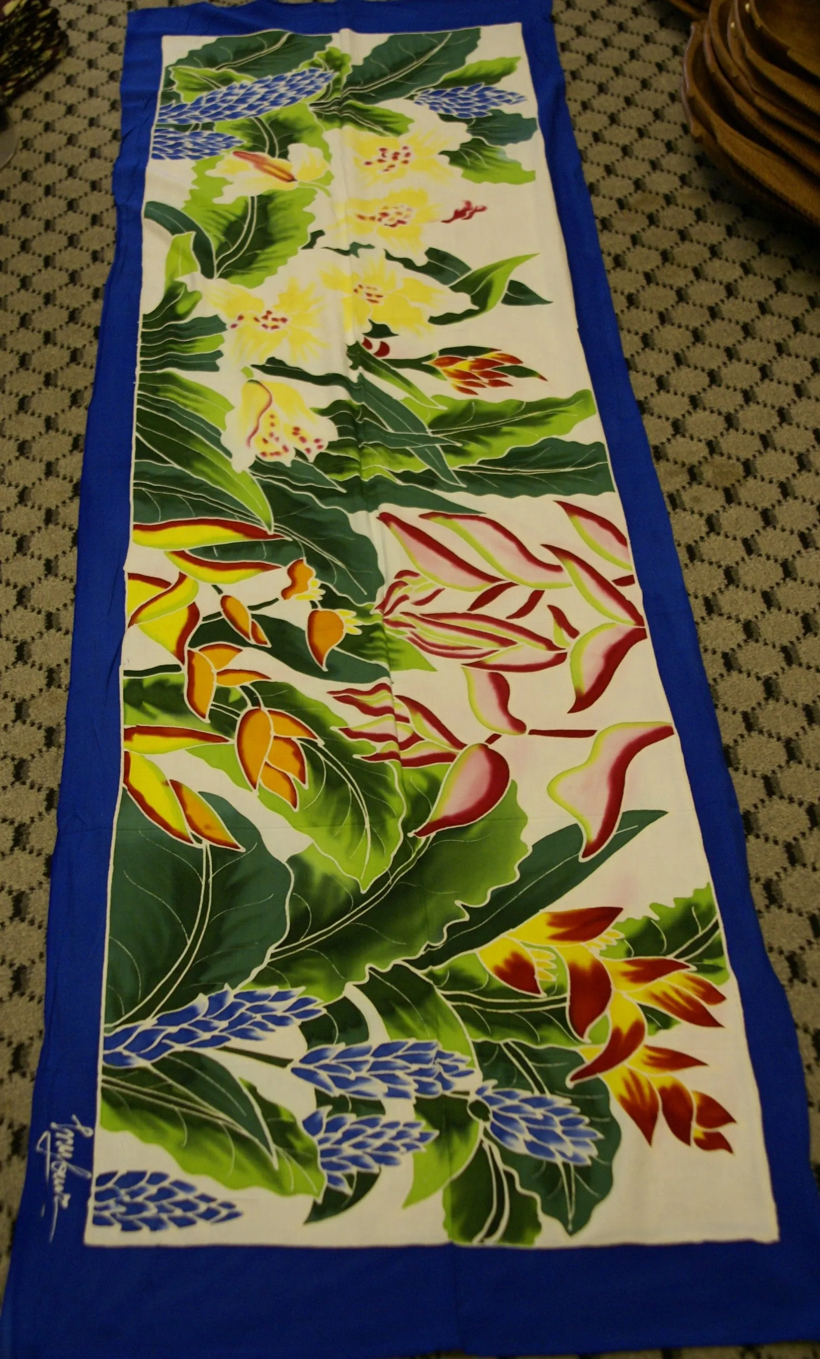 HIGH QUALITY HAND PAINTED TEXTILE FABRIC HALF SARONG OR BEACH SKIRT SIGNED BY THE ARTIST: DETAILED MOTIFS OF BLOOMING GINGER, BIRD OF PARADISE, TROPICAL PLANTS, RICH COLORS 74" x 23" (no SC10)