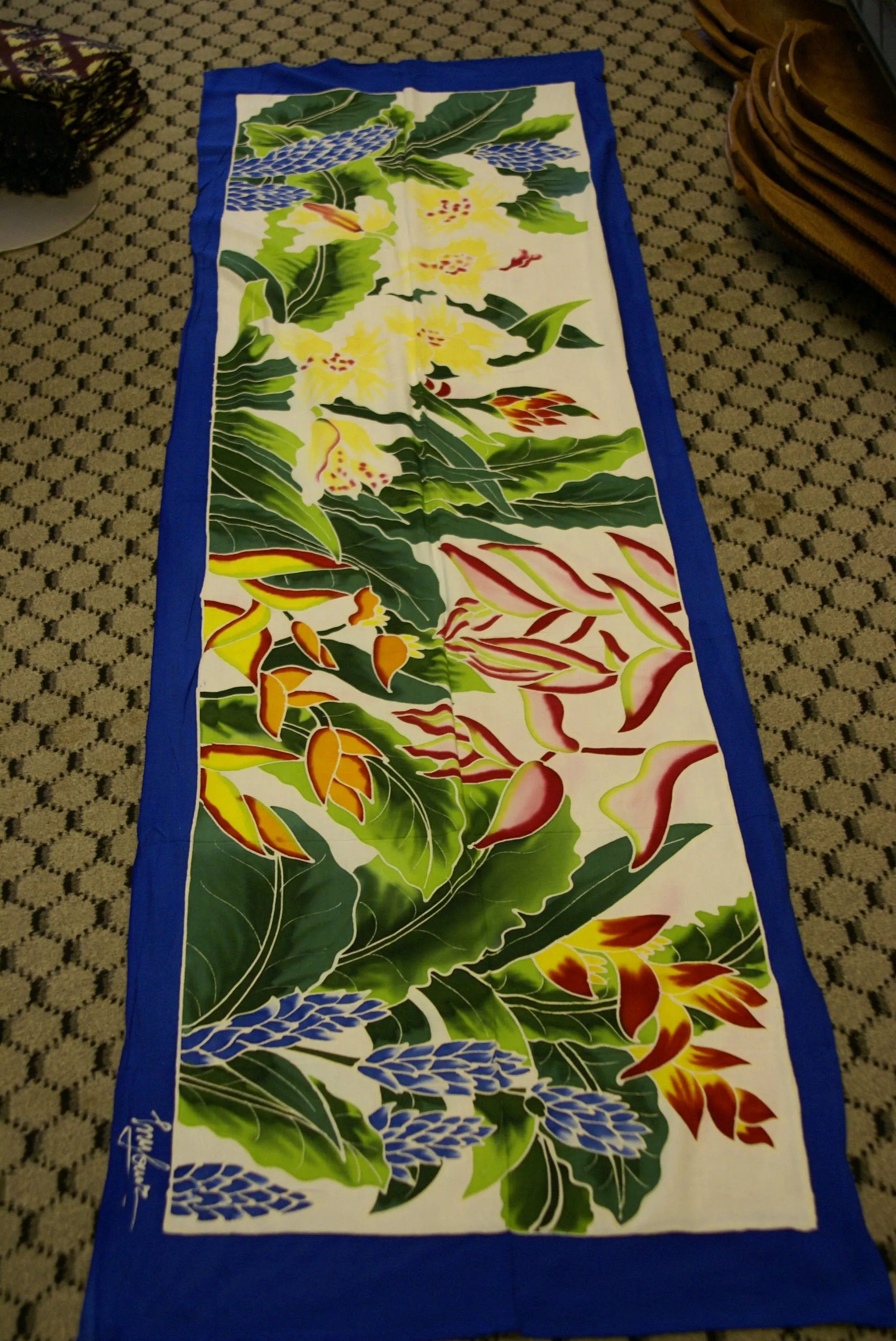 HIGH QUALITY HAND PAINTED TEXTILE FABRIC HALF SARONG OR BEACH SKIRT SIGNED BY THE ARTIST: DETAILED MOTIFS OF BLOOMING GINGER, BIRD OF PARADISE, TROPICAL PLANTS, RICH COLORS 74" x 23" (no SC10)