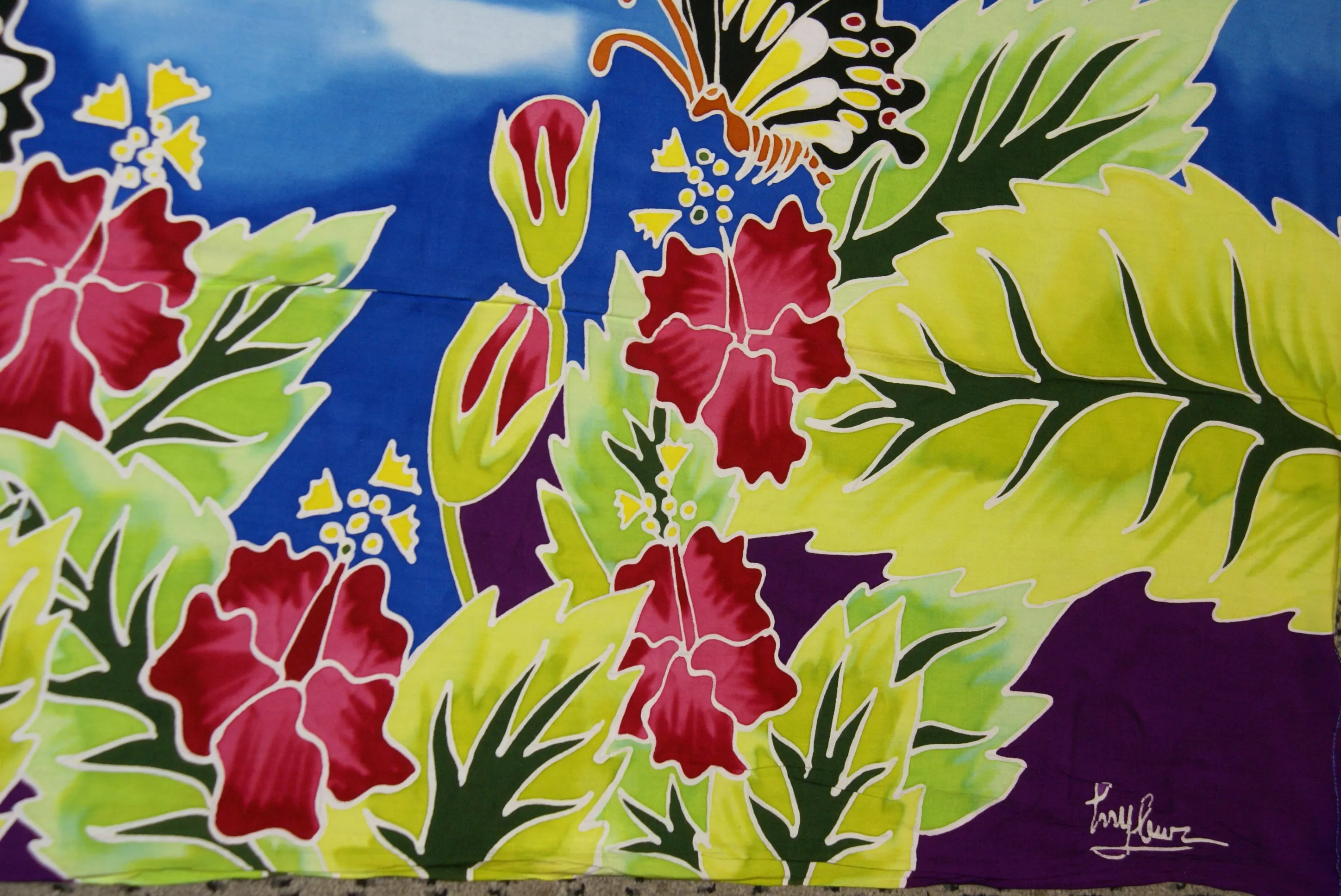 HIGH QUALITY HAND PAINTED TEXTILE FABRIC HALF SARONG OR BEACH SKIRT, SUMMER TABLE RUNNER, SIGNED BY THE ARTIST: DETAILED MOTIFS OF BLOOMING HIBISCUS & BUTTERFLIES ON BLUE SKY, RICH COLORS 74" x 23" (no SC13)