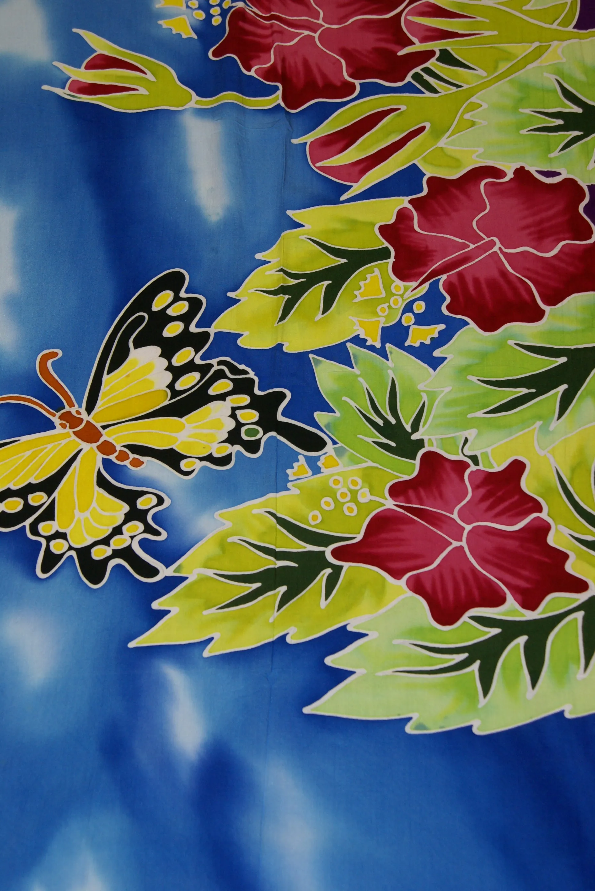 HIGH QUALITY HAND PAINTED TEXTILE FABRIC HALF SARONG OR BEACH SKIRT, SUMMER TABLE RUNNER, SIGNED BY THE ARTIST: DETAILED MOTIFS OF BLOOMING HIBISCUS & BUTTERFLIES ON BLUE SKY, RICH COLORS 74" x 23" (no SC13)