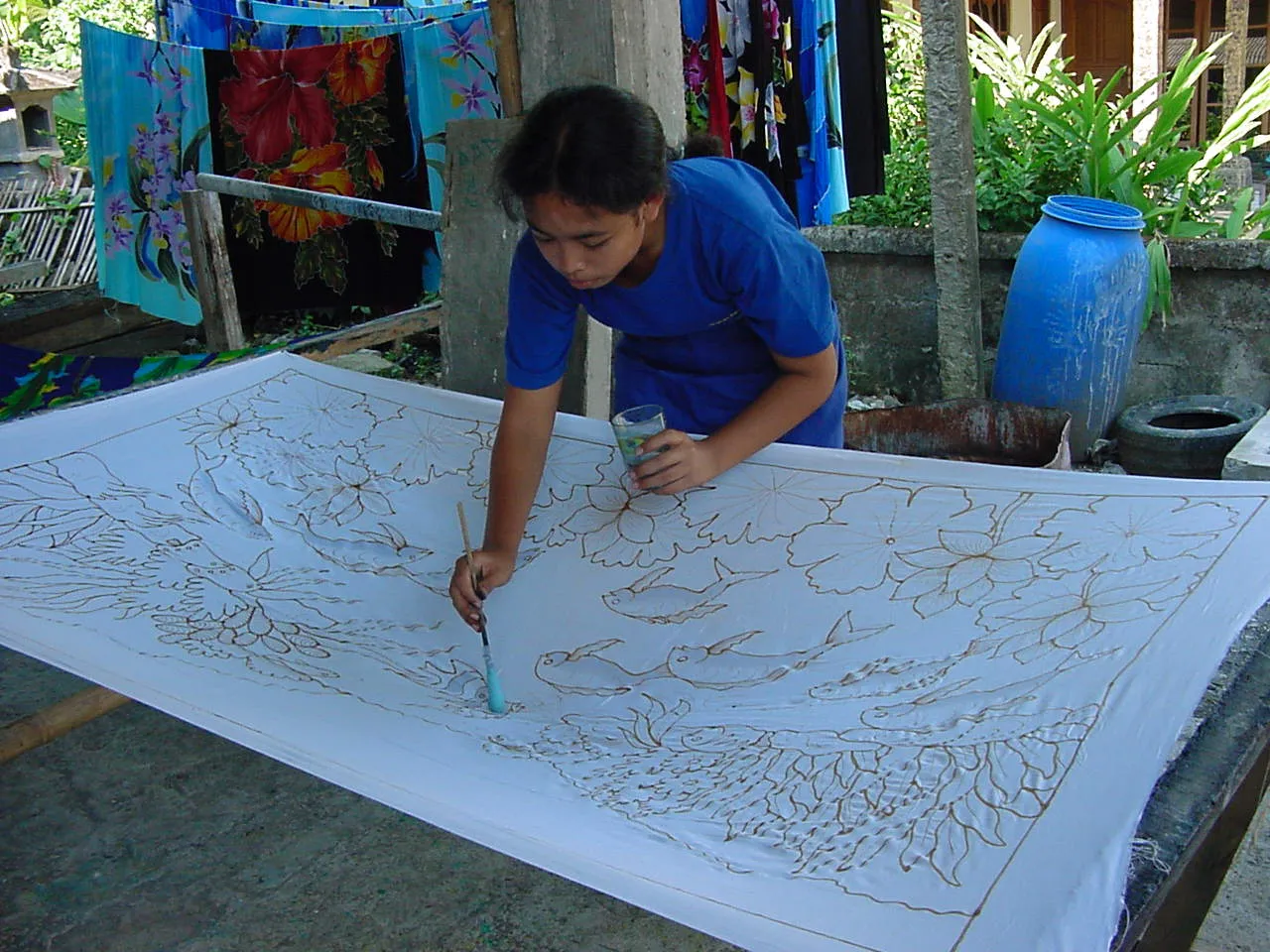 HIGH QUALITY HAND PAINTED TEXTILE FABRIC HALF SARONG OR BEACH SKIRT, SUMMER TABLE RUNNER, SIGNED BY THE ARTIST: DETAILED MOTIFS OF BLOOMING HIBISCUS & BUTTERFLIES ON BLUE SKY, RICH COLORS 74" x 23" (no SC13)