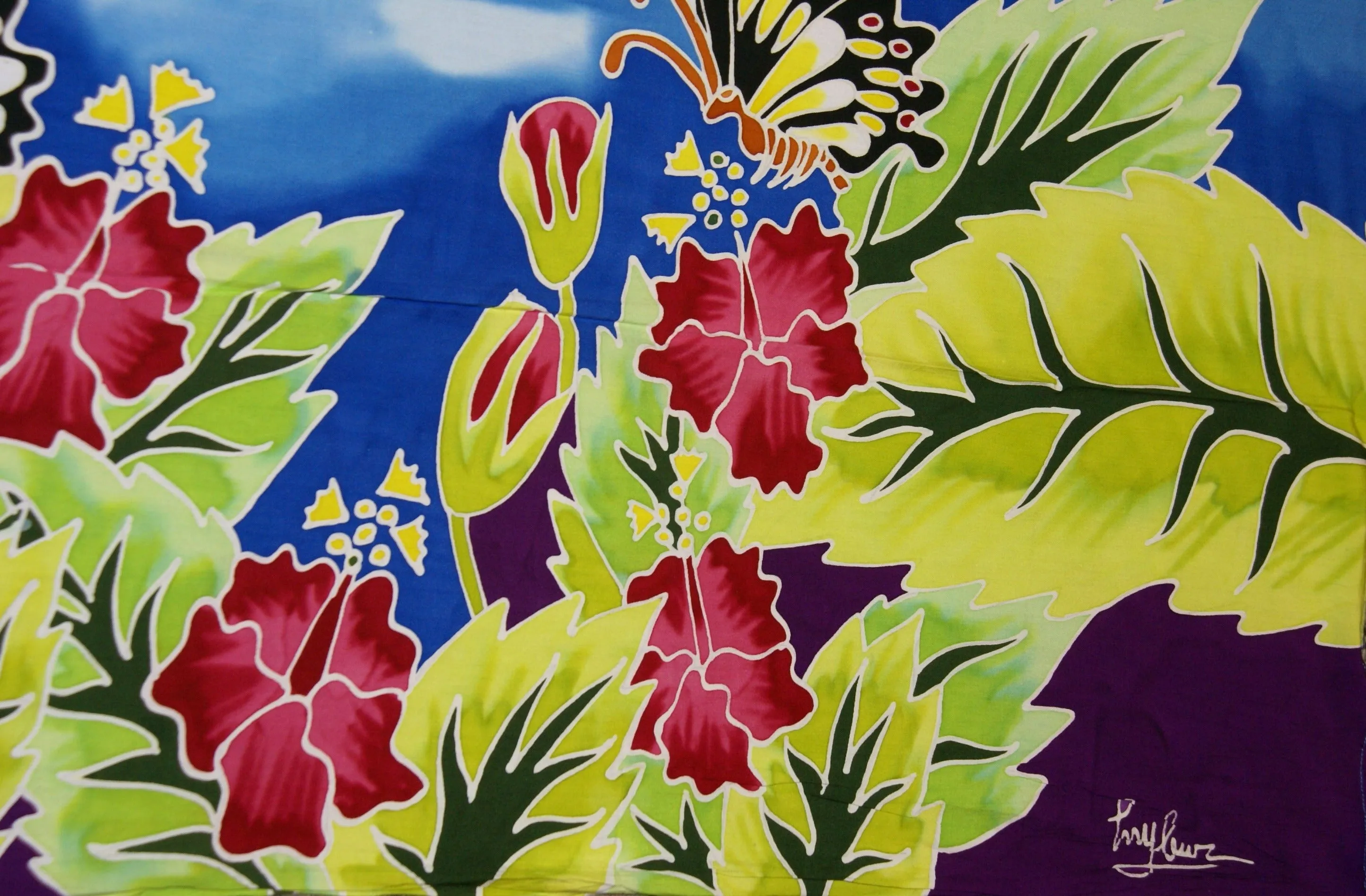 HIGH QUALITY HAND PAINTED TEXTILE FABRIC HALF SARONG OR BEACH SKIRT, SUMMER TABLE RUNNER, SIGNED BY THE ARTIST: DETAILED MOTIFS OF BLOOMING HIBISCUS & BUTTERFLIES ON BLUE SKY, RICH COLORS 74" x 23" (no SC13)