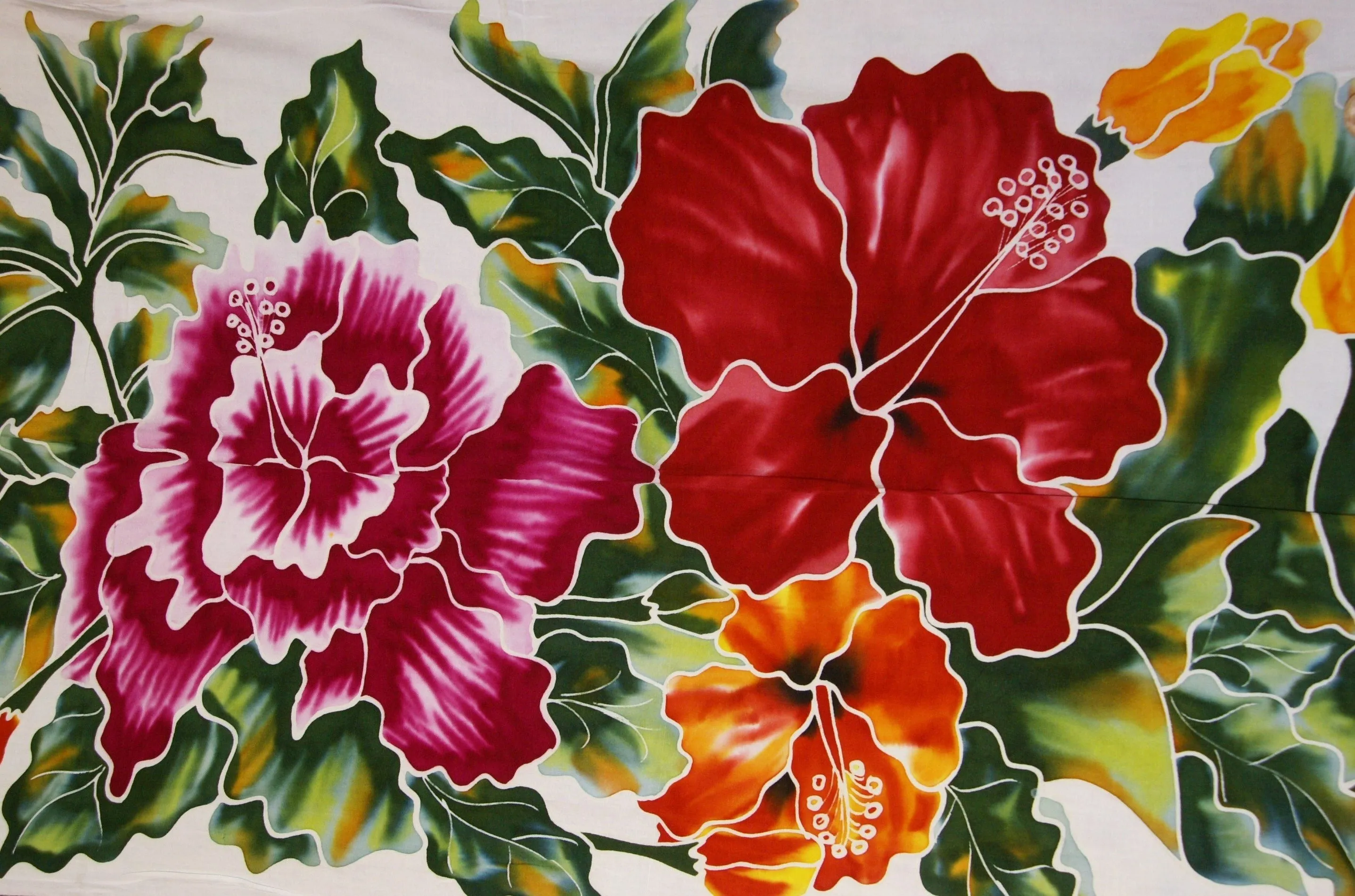 HIGH QUALITY HAND PAINTED TEXTILE FABRIC HALF SARONG OR BEACH SKIRT, SUMMER TABLE RUNNER, SIGNED BY THE ARTIST: DETAILED MOTIFS OF BLOOMING HIBISCUS ON WHITE BACKGROUND, RICH COLORS 74" x 23" (no SC14)