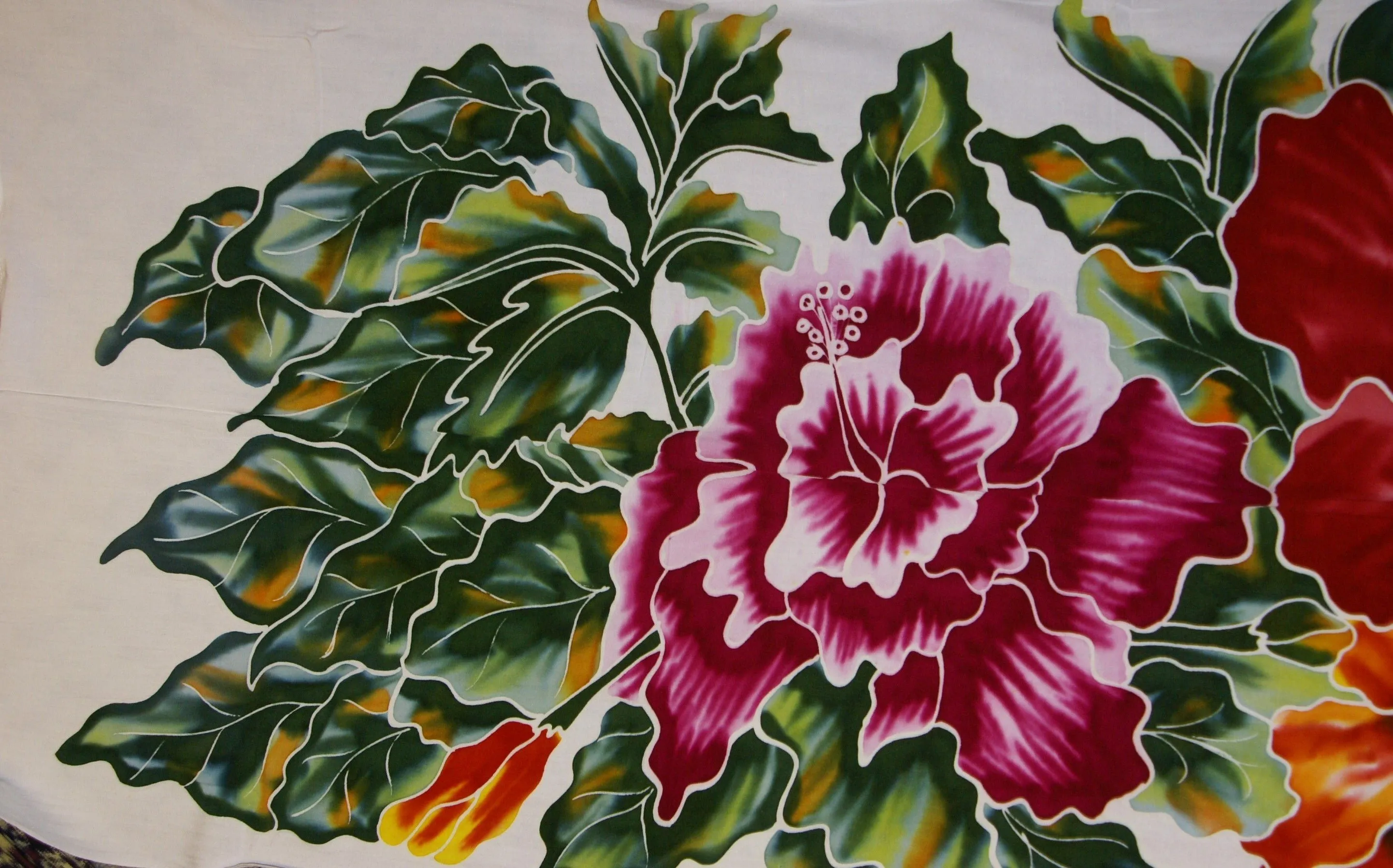 HIGH QUALITY HAND PAINTED TEXTILE FABRIC HALF SARONG OR BEACH SKIRT, SUMMER TABLE RUNNER, SIGNED BY THE ARTIST: DETAILED MOTIFS OF BLOOMING HIBISCUS ON WHITE BACKGROUND, RICH COLORS 74" x 23" (no SC14)