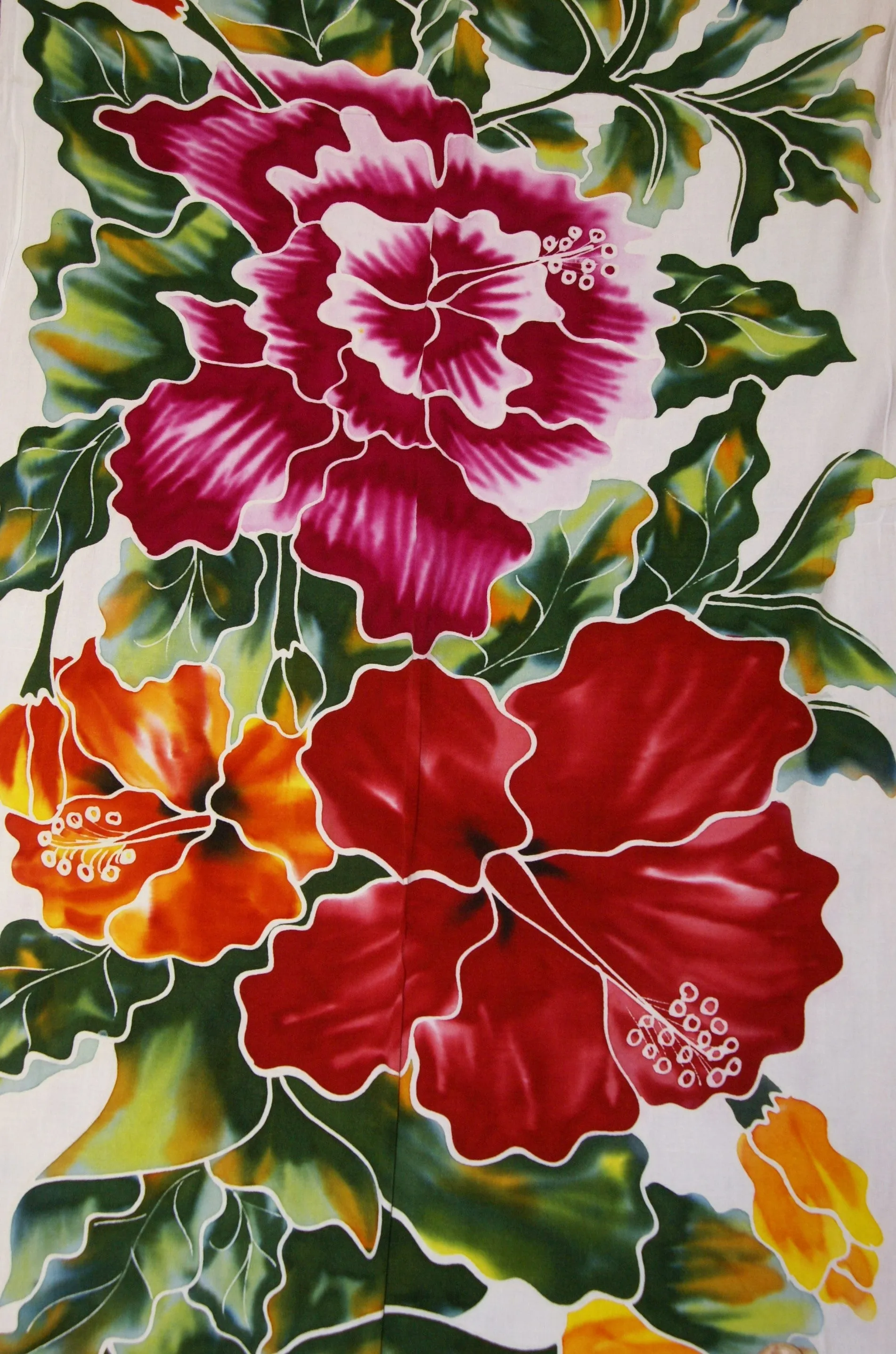 HIGH QUALITY HAND PAINTED TEXTILE FABRIC HALF SARONG OR BEACH SKIRT, SUMMER TABLE RUNNER, SIGNED BY THE ARTIST: DETAILED MOTIFS OF BLOOMING HIBISCUS ON WHITE BACKGROUND, RICH COLORS 74" x 23" (no SC14)