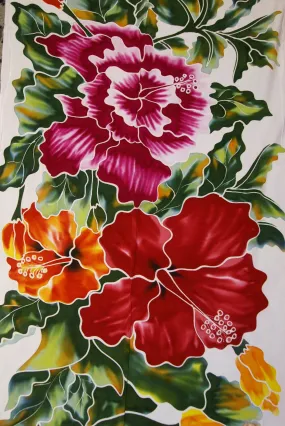 HIGH QUALITY HAND PAINTED TEXTILE FABRIC HALF SARONG OR BEACH SKIRT, SUMMER TABLE RUNNER, SIGNED BY THE ARTIST: DETAILED MOTIFS OF BLOOMING HIBISCUS ON WHITE BACKGROUND, RICH COLORS 74" x 23" (no SC14)