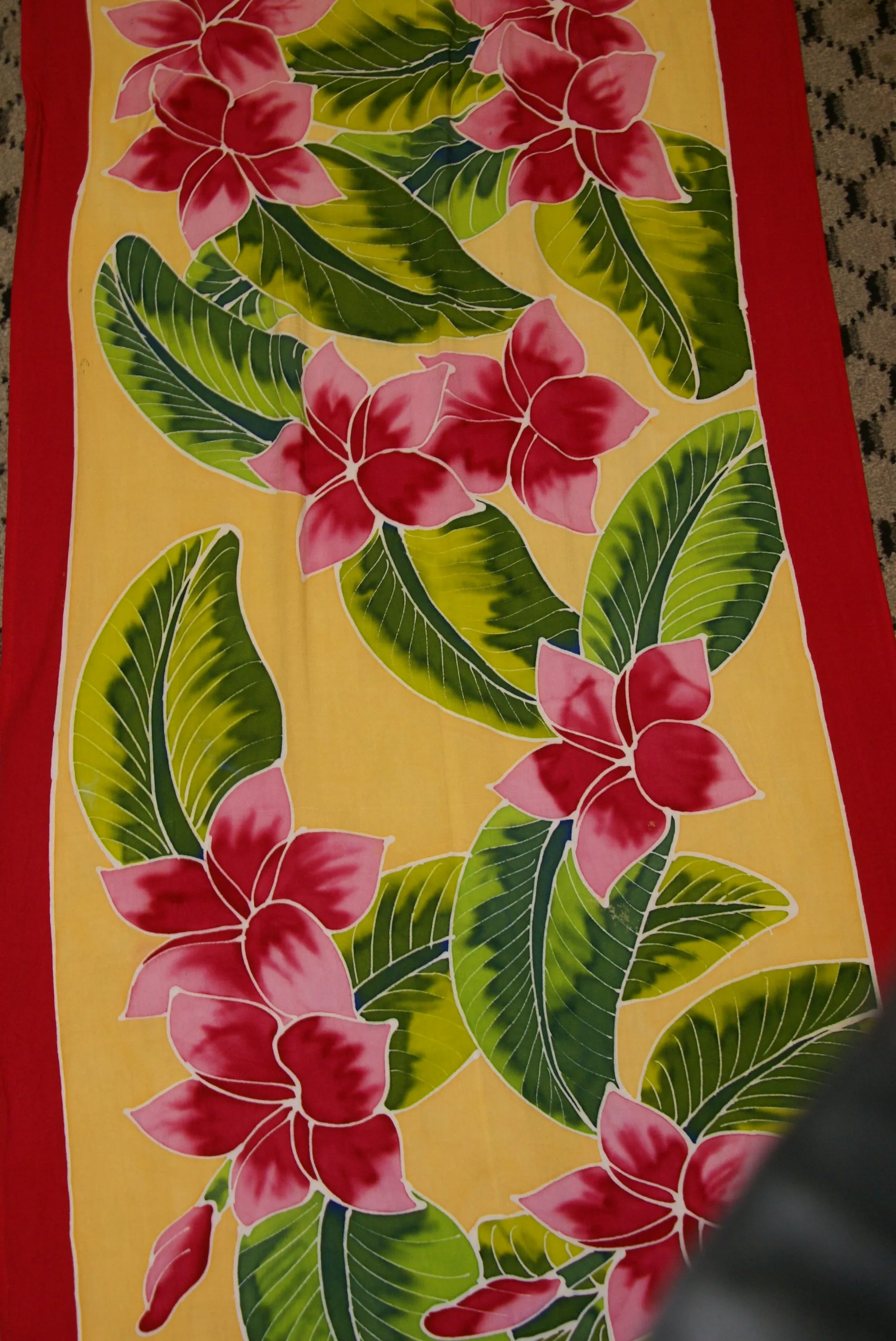 HIGH QUALITY HAND PAINTED TEXTILE FABRIC HALF SARONG OR BEACH SKIRT, SUMMER TABLE RUNNER, SIGNED BY THE ARTIST: DETAILED MOTIFS OF BLOOMING PLUMERIA YELLOW  & HOT PINK BACKGROUND, RICH COLORS 74" x 23" (no SC17)