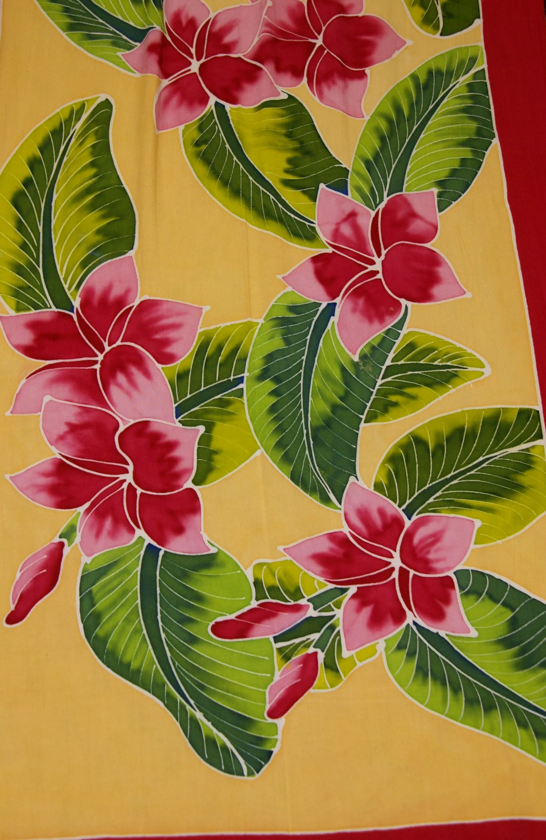 HIGH QUALITY HAND PAINTED TEXTILE FABRIC HALF SARONG OR BEACH SKIRT, SUMMER TABLE RUNNER, SIGNED BY THE ARTIST: DETAILED MOTIFS OF BLOOMING PLUMERIA YELLOW  & HOT PINK BACKGROUND, RICH COLORS 74" x 23" (no SC17)