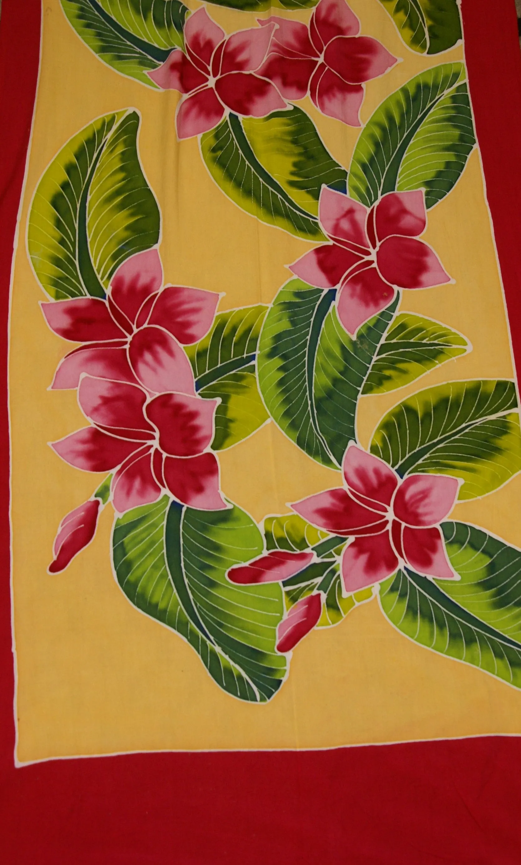 HIGH QUALITY HAND PAINTED TEXTILE FABRIC HALF SARONG OR BEACH SKIRT, SUMMER TABLE RUNNER, SIGNED BY THE ARTIST: DETAILED MOTIFS OF BLOOMING PLUMERIA YELLOW  & HOT PINK BACKGROUND, RICH COLORS 74" x 23" (no SC17)