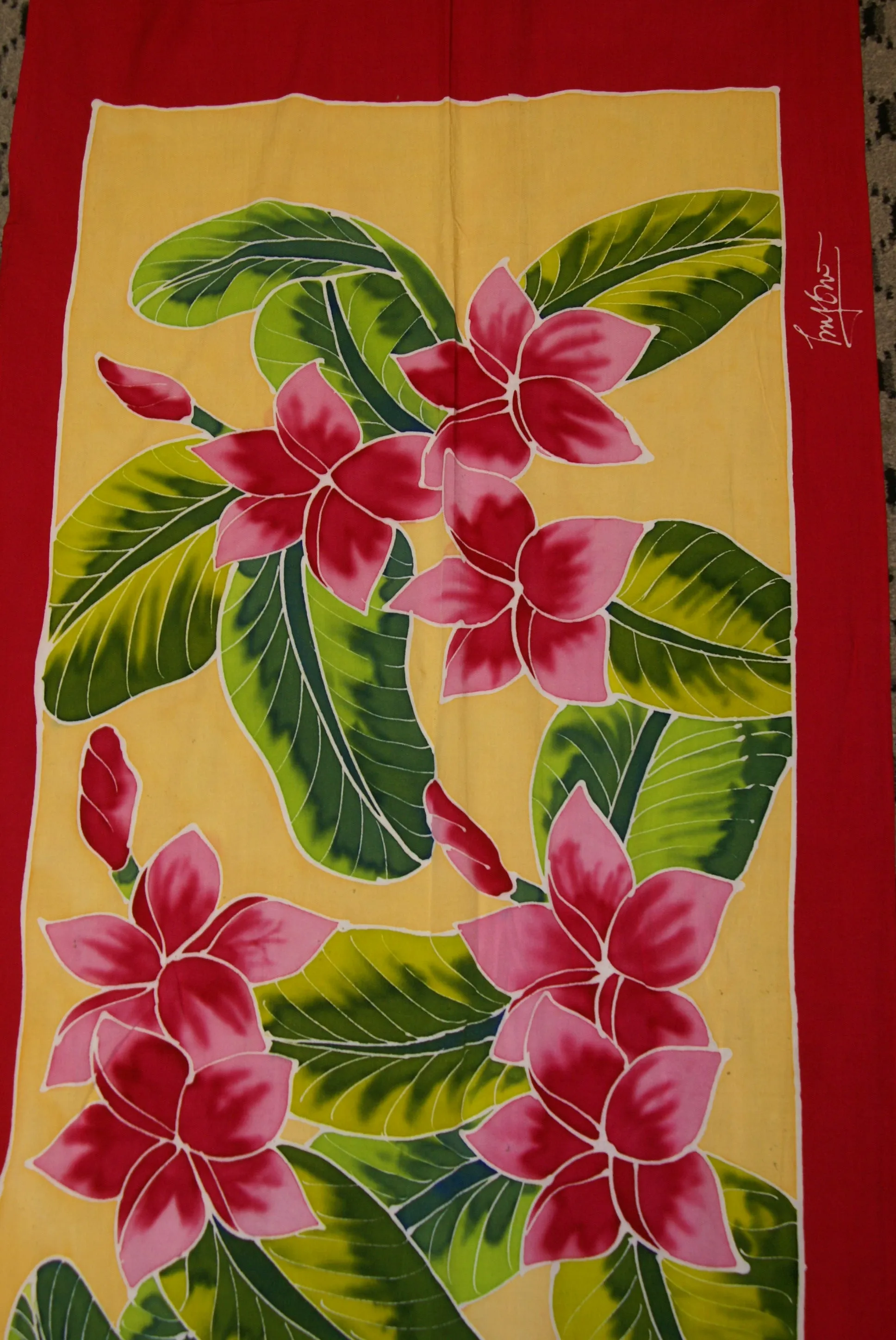 HIGH QUALITY HAND PAINTED TEXTILE FABRIC HALF SARONG OR BEACH SKIRT, SUMMER TABLE RUNNER, SIGNED BY THE ARTIST: DETAILED MOTIFS OF BLOOMING PLUMERIA YELLOW  & HOT PINK BACKGROUND, RICH COLORS 74" x 23" (no SC17)