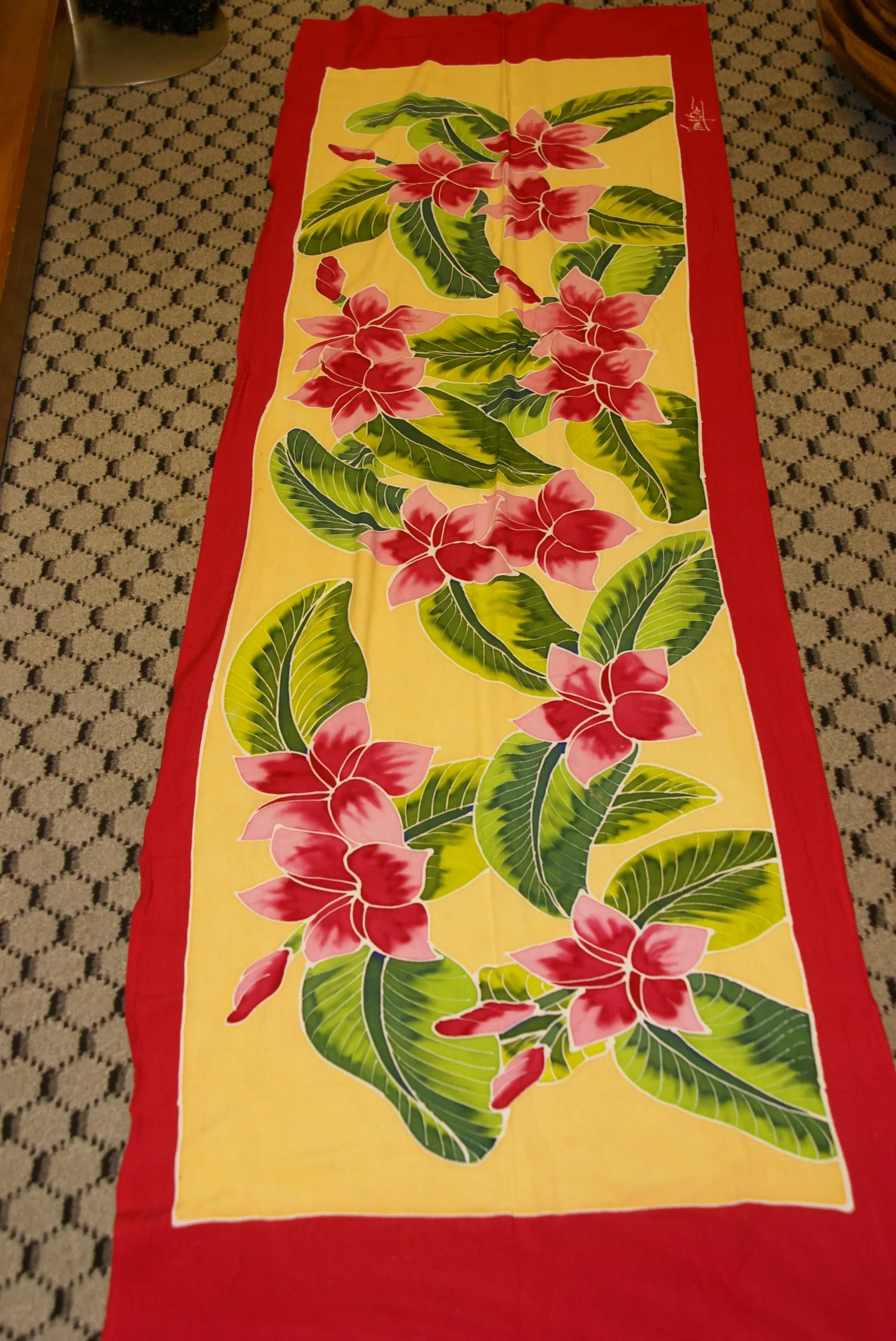 HIGH QUALITY HAND PAINTED TEXTILE FABRIC HALF SARONG OR BEACH SKIRT, SUMMER TABLE RUNNER, SIGNED BY THE ARTIST: DETAILED MOTIFS OF BLOOMING PLUMERIA YELLOW  & HOT PINK BACKGROUND, RICH COLORS 74" x 23" (no SC17)