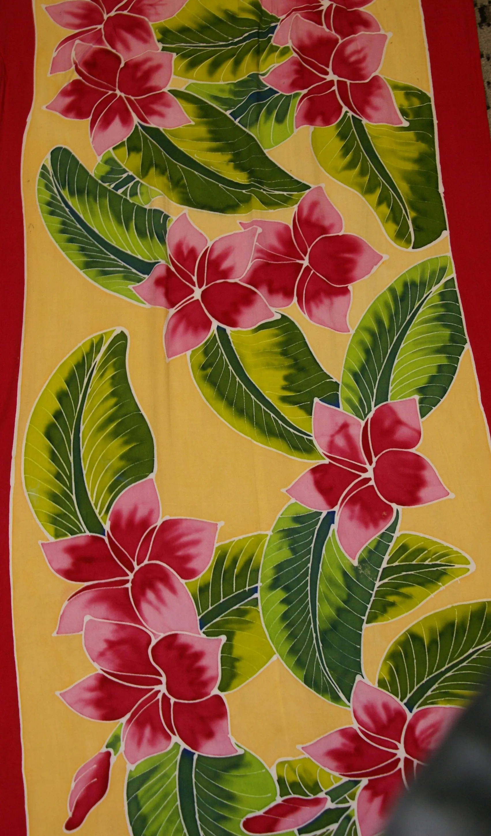 HIGH QUALITY HAND PAINTED TEXTILE FABRIC HALF SARONG OR BEACH SKIRT, SUMMER TABLE RUNNER, SIGNED BY THE ARTIST: DETAILED MOTIFS OF BLOOMING PLUMERIA YELLOW  & HOT PINK BACKGROUND, RICH COLORS 74" x 23" (no SC17)