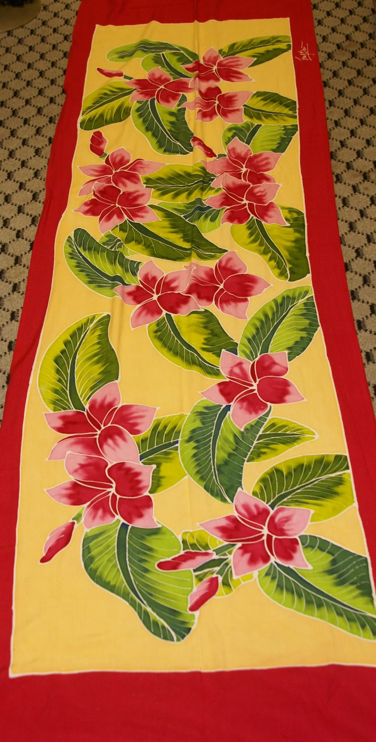 HIGH QUALITY HAND PAINTED TEXTILE FABRIC HALF SARONG OR BEACH SKIRT, SUMMER TABLE RUNNER, SIGNED BY THE ARTIST: DETAILED MOTIFS OF BLOOMING PLUMERIA YELLOW  & HOT PINK BACKGROUND, RICH COLORS 74" x 23" (no SC17)