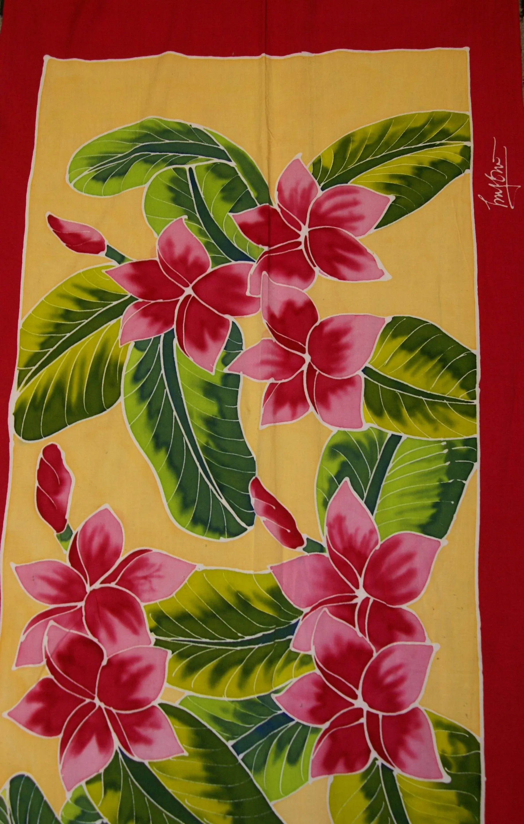 HIGH QUALITY HAND PAINTED TEXTILE FABRIC HALF SARONG OR BEACH SKIRT, SUMMER TABLE RUNNER, SIGNED BY THE ARTIST: DETAILED MOTIFS OF BLOOMING PLUMERIA YELLOW  & HOT PINK BACKGROUND, RICH COLORS 74" x 23" (no SC17)