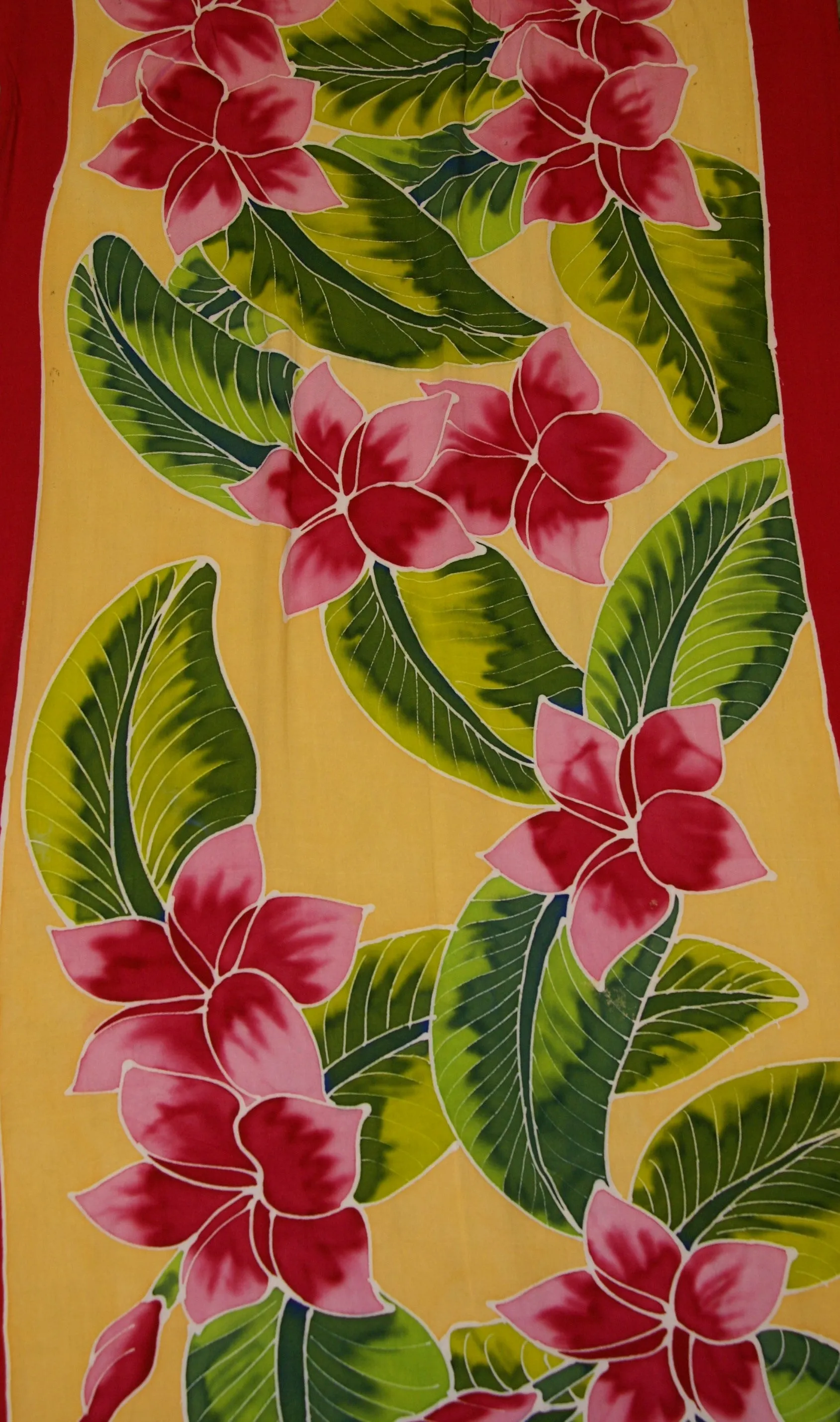 HIGH QUALITY HAND PAINTED TEXTILE FABRIC HALF SARONG OR BEACH SKIRT, SUMMER TABLE RUNNER, SIGNED BY THE ARTIST: DETAILED MOTIFS OF BLOOMING PLUMERIA YELLOW  & HOT PINK BACKGROUND, RICH COLORS 74" x 23" (no SC17)