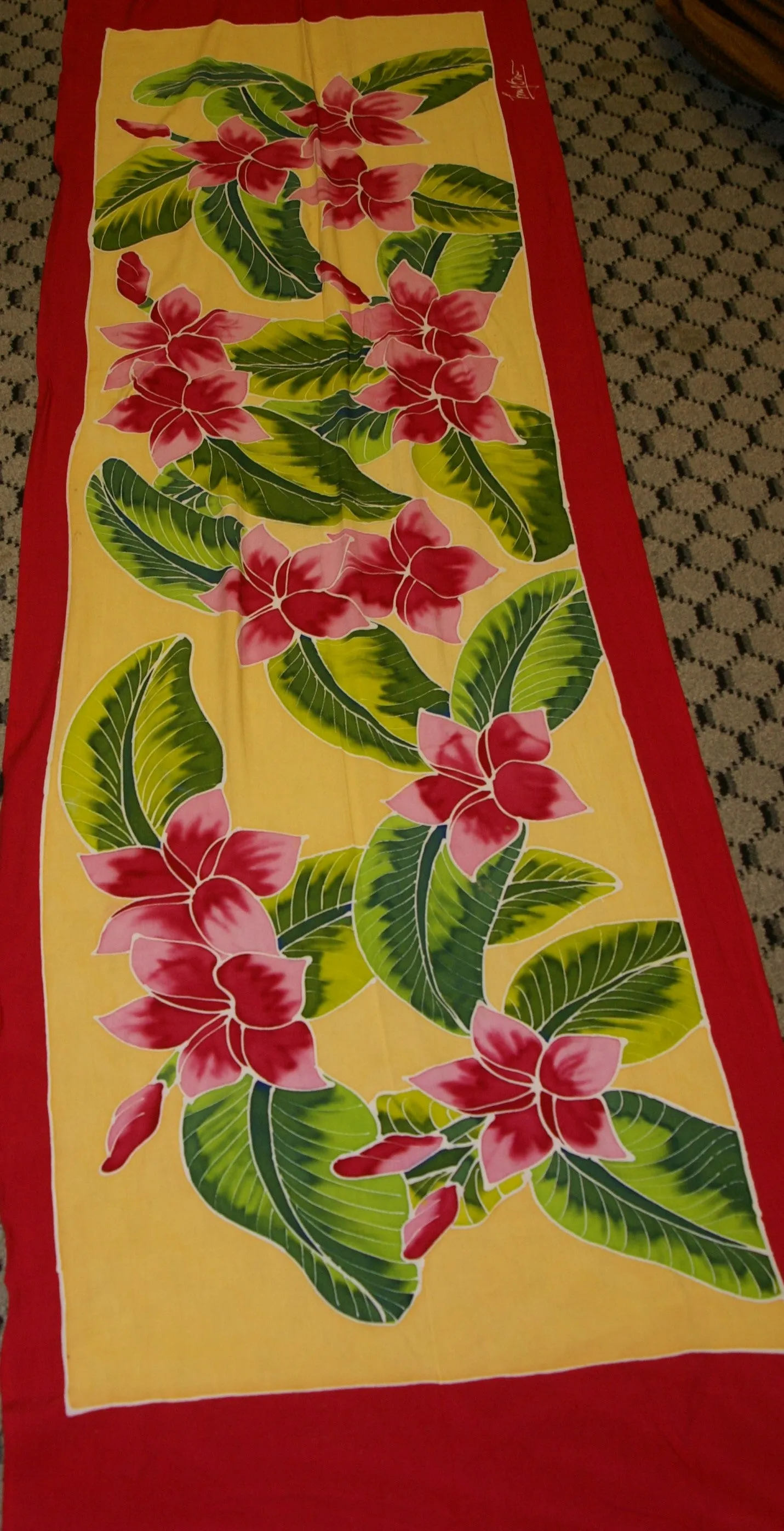 HIGH QUALITY HAND PAINTED TEXTILE FABRIC HALF SARONG OR BEACH SKIRT, SUMMER TABLE RUNNER, SIGNED BY THE ARTIST: DETAILED MOTIFS OF BLOOMING PLUMERIA YELLOW  & HOT PINK BACKGROUND, RICH COLORS 74" x 23" (no SC17)