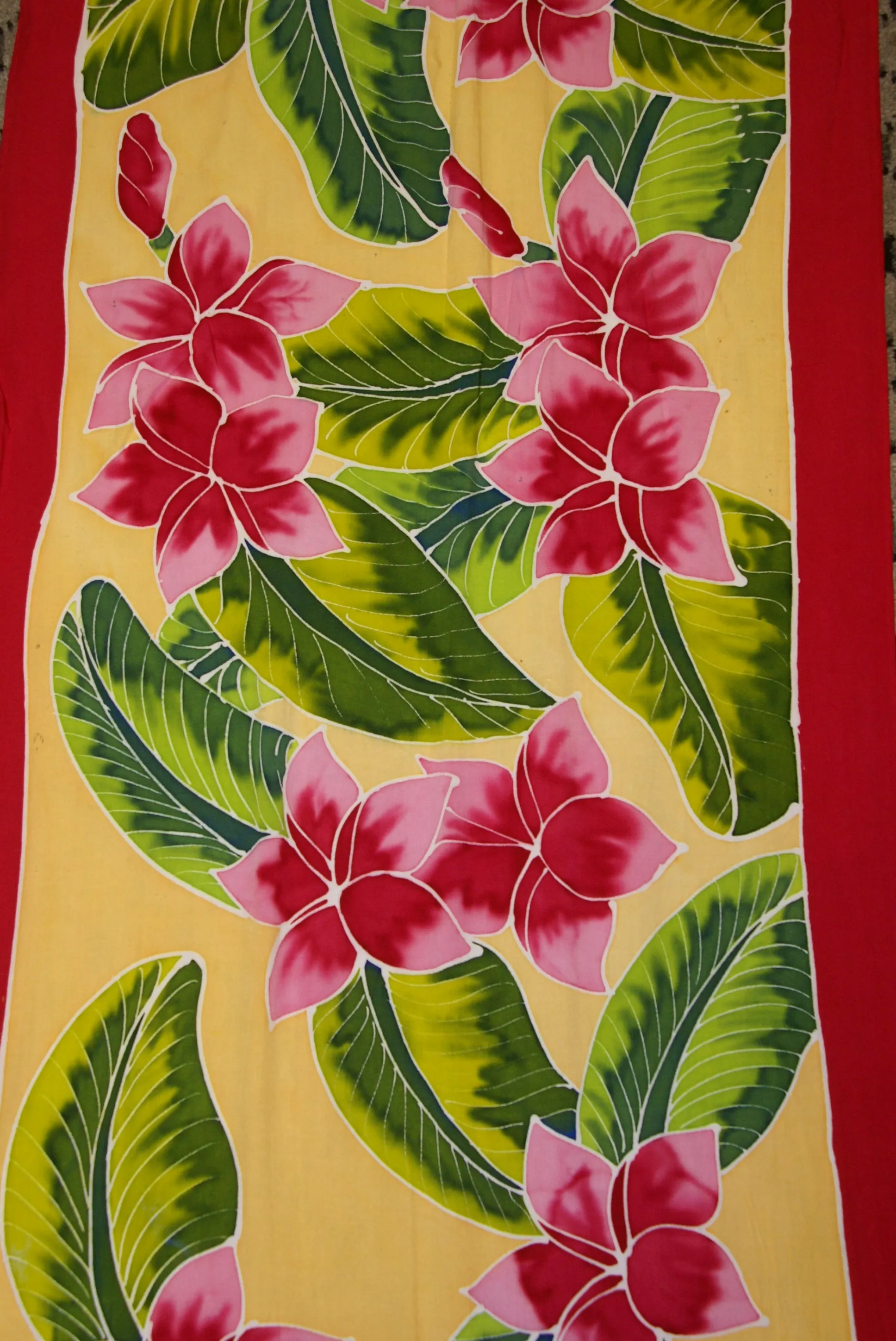 HIGH QUALITY HAND PAINTED TEXTILE FABRIC HALF SARONG OR BEACH SKIRT, SUMMER TABLE RUNNER, SIGNED BY THE ARTIST: DETAILED MOTIFS OF BLOOMING PLUMERIA YELLOW  & HOT PINK BACKGROUND, RICH COLORS 74" x 23" (no SC17)