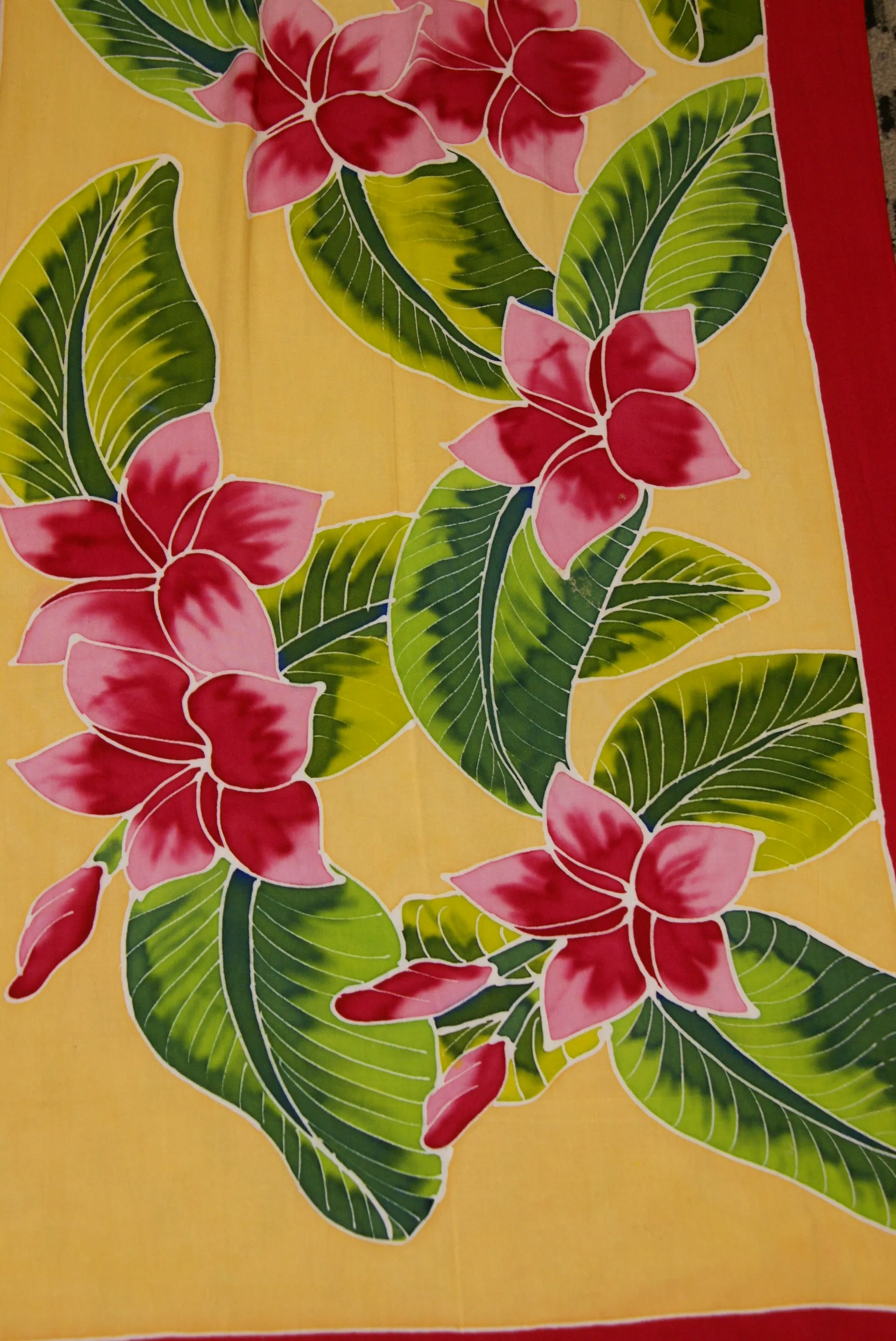 HIGH QUALITY HAND PAINTED TEXTILE FABRIC HALF SARONG OR BEACH SKIRT, SUMMER TABLE RUNNER, SIGNED BY THE ARTIST: DETAILED MOTIFS OF BLOOMING PLUMERIA YELLOW  & HOT PINK BACKGROUND, RICH COLORS 74" x 23" (no SC17)