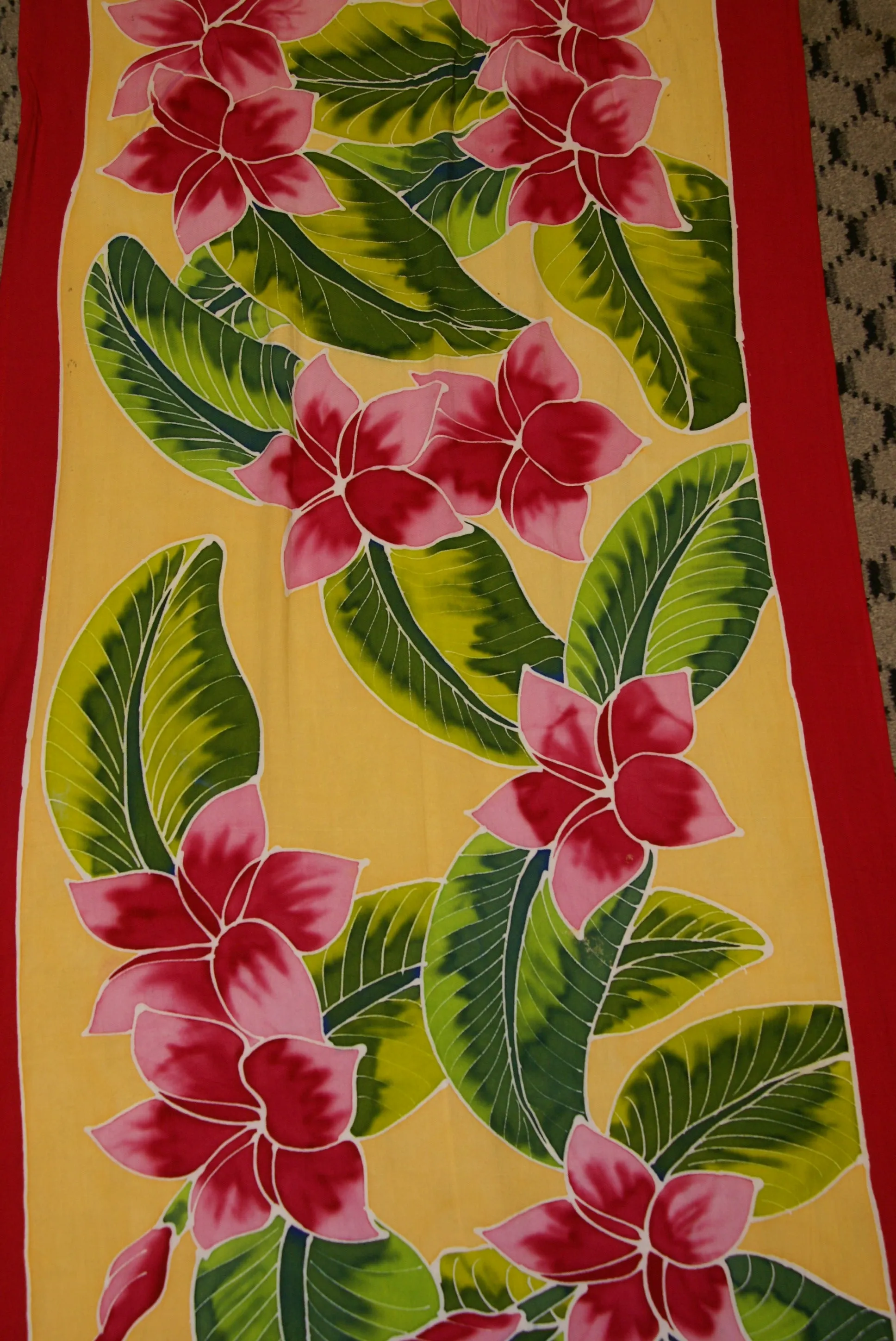 HIGH QUALITY HAND PAINTED TEXTILE FABRIC HALF SARONG OR BEACH SKIRT, SUMMER TABLE RUNNER, SIGNED BY THE ARTIST: DETAILED MOTIFS OF BLOOMING PLUMERIA YELLOW  & HOT PINK BACKGROUND, RICH COLORS 74" x 23" (no SC17)