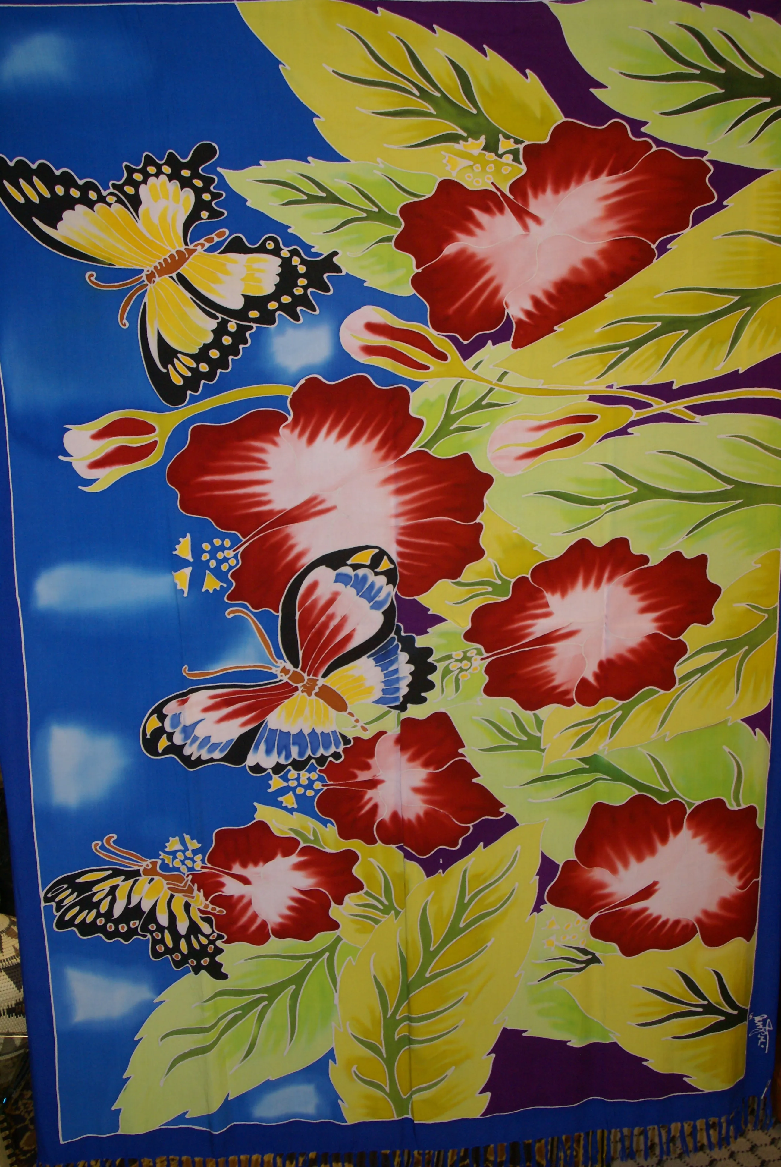 HIGH QUALITY HAND PAINTED TEXTILE FABRIC SARONG, PAREO, SHAWL, SIGNED BY THE ARTIST: VIBRANT HIBISCUS AND BUTTERFLIES, SUPERB RICH COLORS 70" x 48" (no 1A) WITH FRINGES