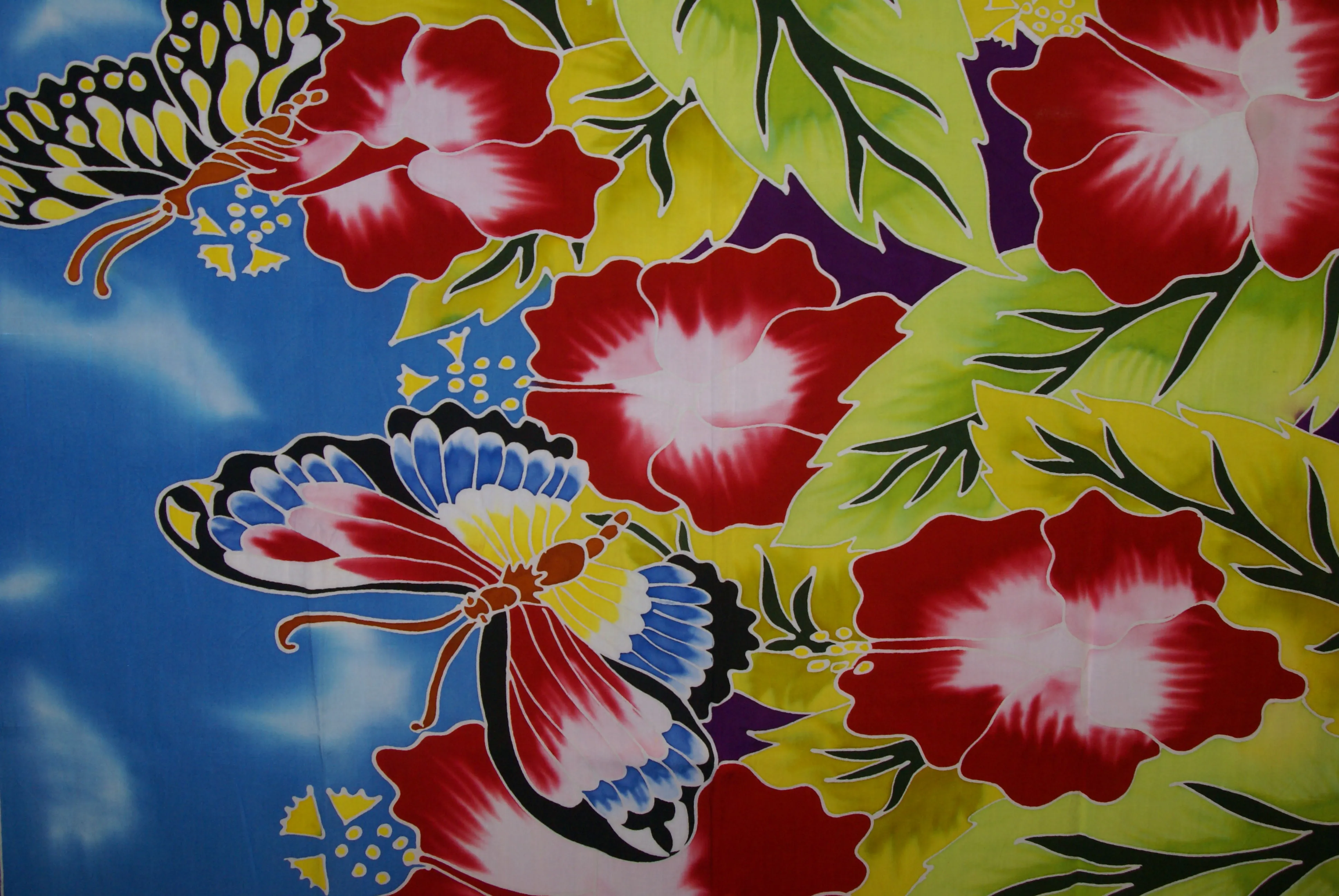 HIGH QUALITY HAND PAINTED TEXTILE FABRIC SARONG, PAREO, SHAWL, SIGNED BY THE ARTIST: VIBRANT HIBISCUS AND BUTTERFLIES, SUPERB RICH COLORS 70" x 48" (no 1A) WITH FRINGES