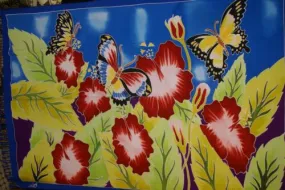 HIGH QUALITY HAND PAINTED TEXTILE FABRIC SARONG, PAREO, SHAWL, SIGNED BY THE ARTIST: VIBRANT HIBISCUS AND BUTTERFLIES, SUPERB RICH COLORS 70" x 48" (no 1A) WITH FRINGES