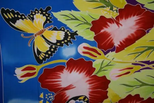 HIGH QUALITY HAND PAINTED TEXTILE FABRIC SARONG, PAREO, SHAWL, SIGNED BY THE ARTIST: VIBRANT HIBISCUS AND BUTTERFLIES, SUPERB RICH COLORS 70" x 48" (no 1A) WITH FRINGES