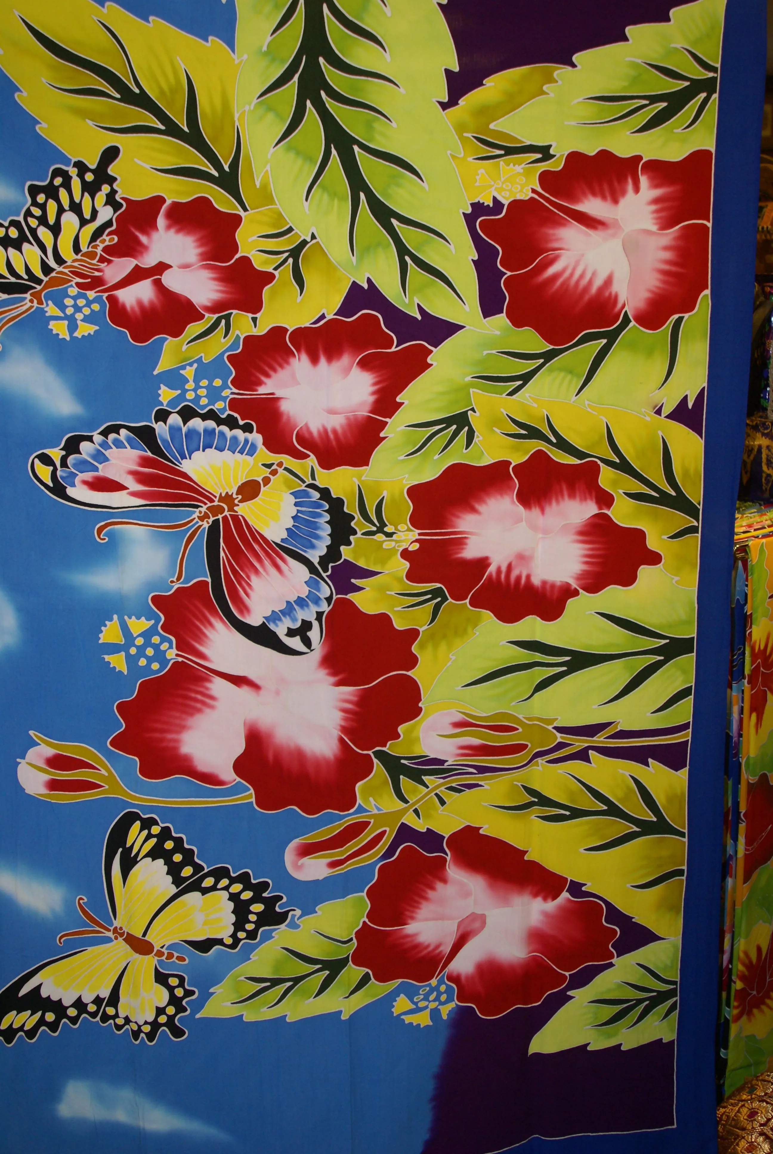 HIGH QUALITY HAND PAINTED TEXTILE FABRIC SARONG, PAREO, SHAWL, SIGNED BY THE ARTIST: VIBRANT HIBISCUS AND BUTTERFLIES, SUPERB RICH COLORS 70" x 48" (no 1A) WITH FRINGES