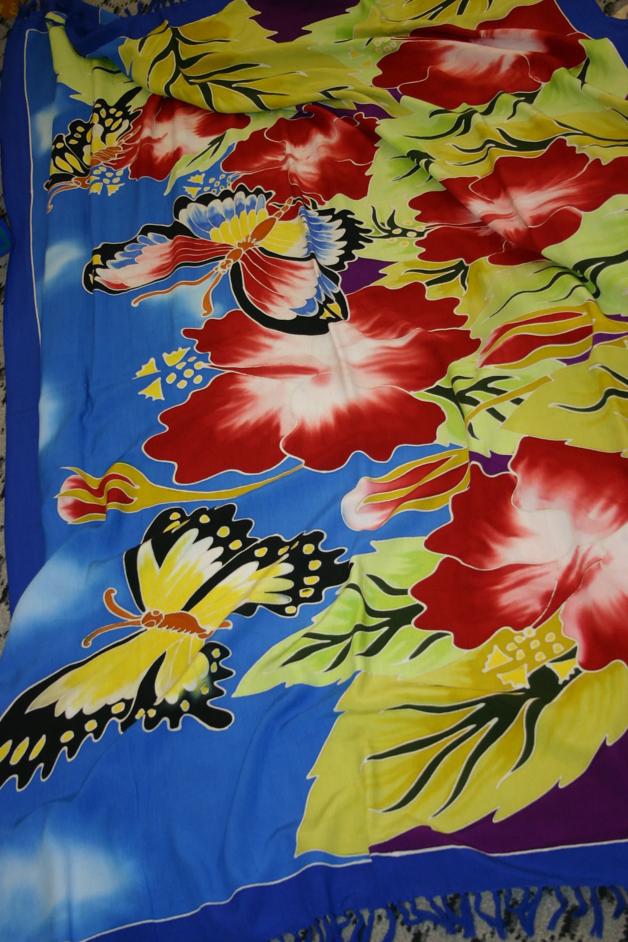 HIGH QUALITY HAND PAINTED TEXTILE FABRIC SARONG, PAREO, SHAWL, TABLECLOTH, SIGNED BY THE ARTIST: VIBRANT RED HIBISCUS AND BUTTERFLIES, SUPERB RICH COLORS 70" x 48" (no 1C)