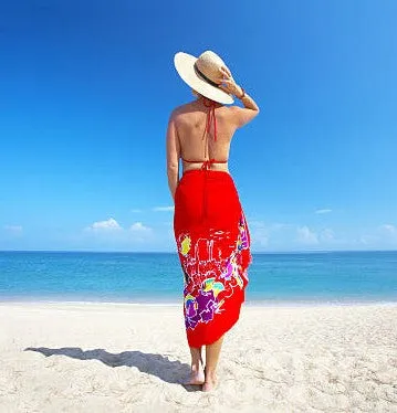 HIGH QUALITY HAND PAINTED TEXTILE FABRIC SARONG, PAREO, SHAWL, TABLECLOTH, SIGNED BY THE ARTIST: VIBRANT RED HIBISCUS AND BUTTERFLIES, SUPERB RICH COLORS 70" x 48" (no 1C)