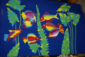 HIGH QUALITY HAND PAINTED TEXTILE FABRIC SARONG SIGNED BY THE ARTIST: DETAILED MOTIFS OF AQUATIC PLANTS & FISH 70" x 48" (no 27)