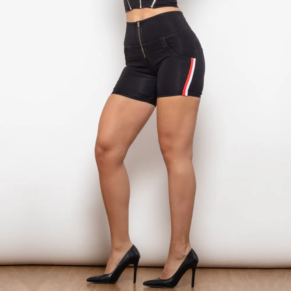 High Waist Black Lift Jeggings Shorts  with Stripe