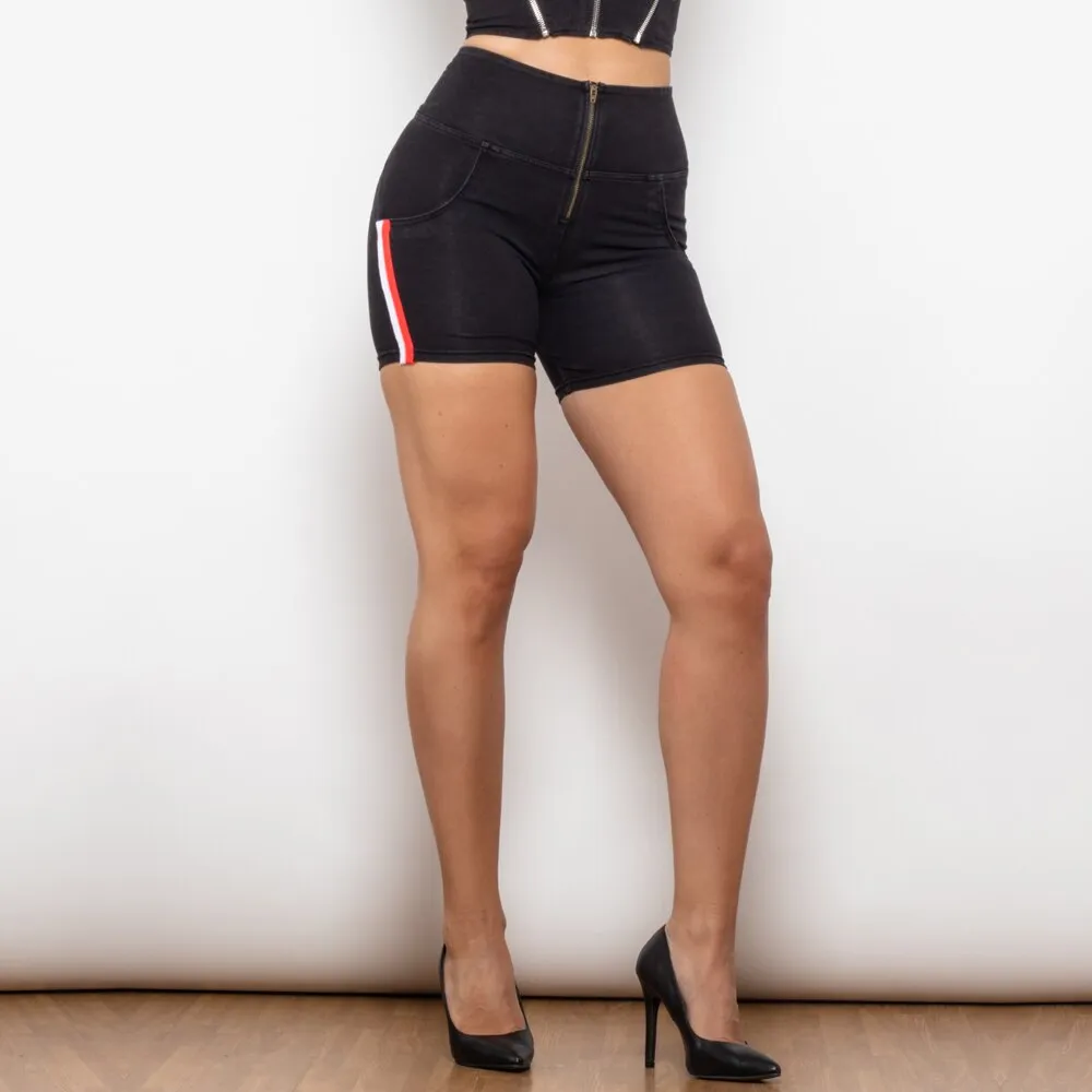 High Waist Black Lift Jeggings Shorts  with Stripe