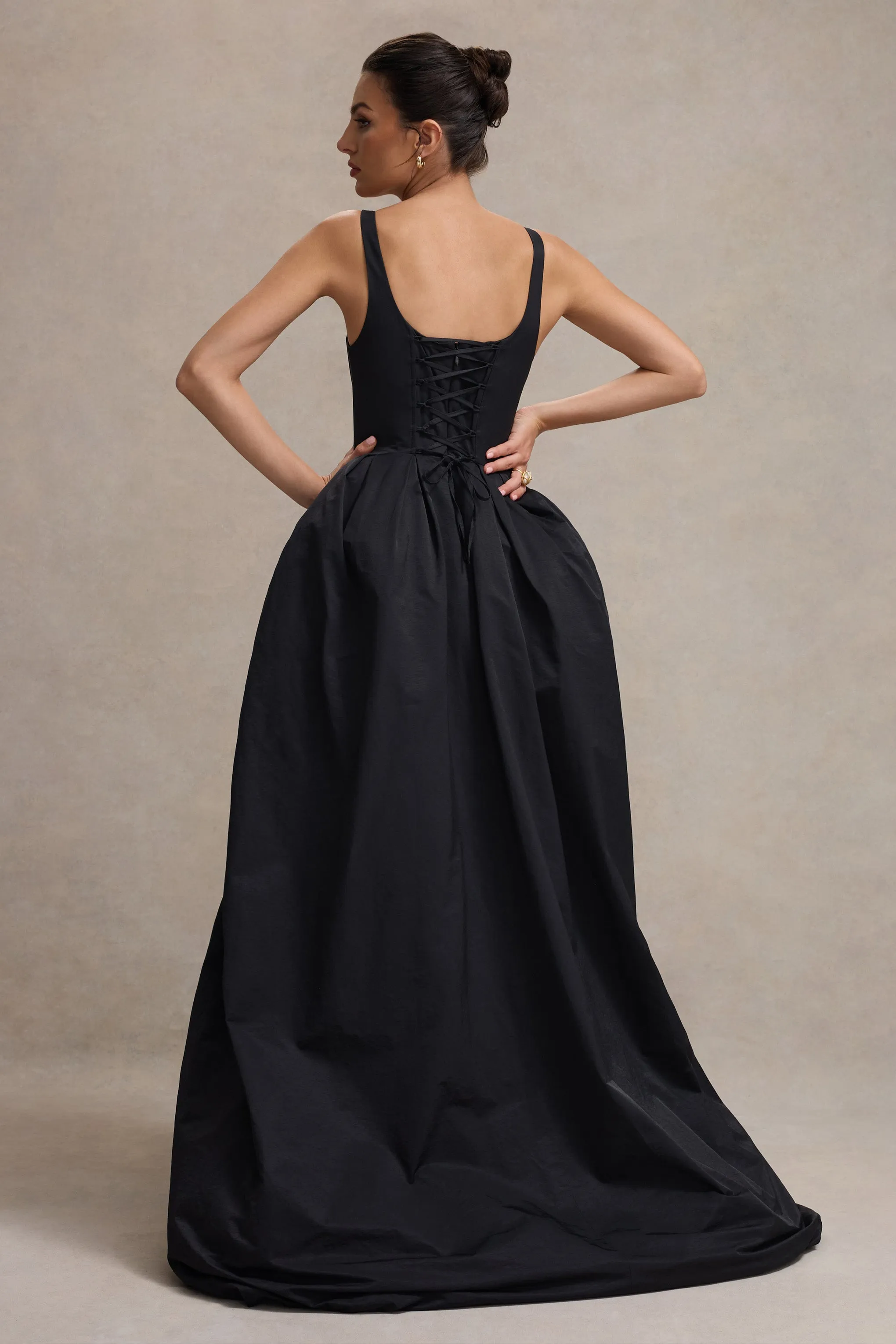 Infinite | Black Strappy Maxi Dress With Volume High-Low Skirt