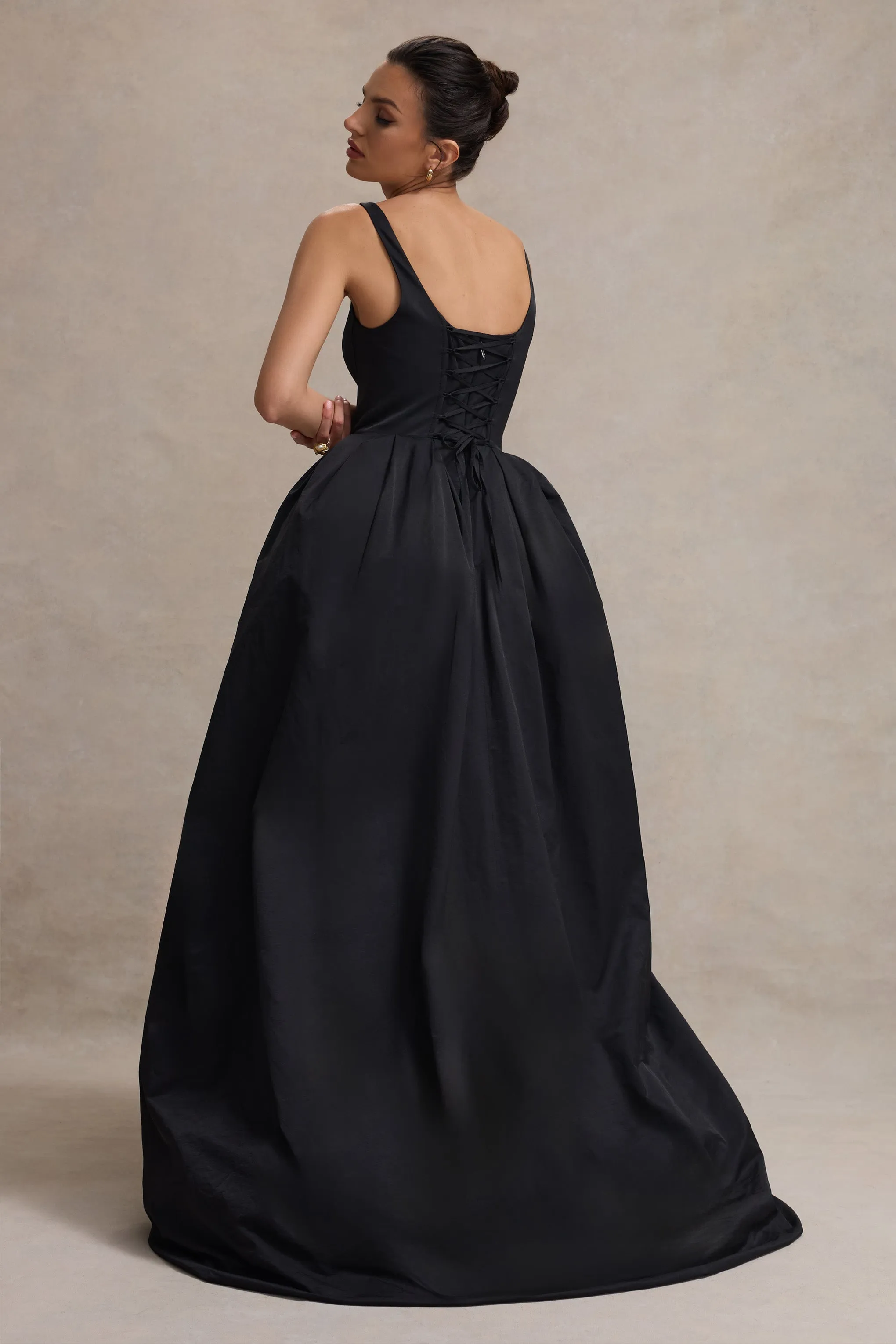 Infinite | Black Strappy Maxi Dress With Volume High-Low Skirt