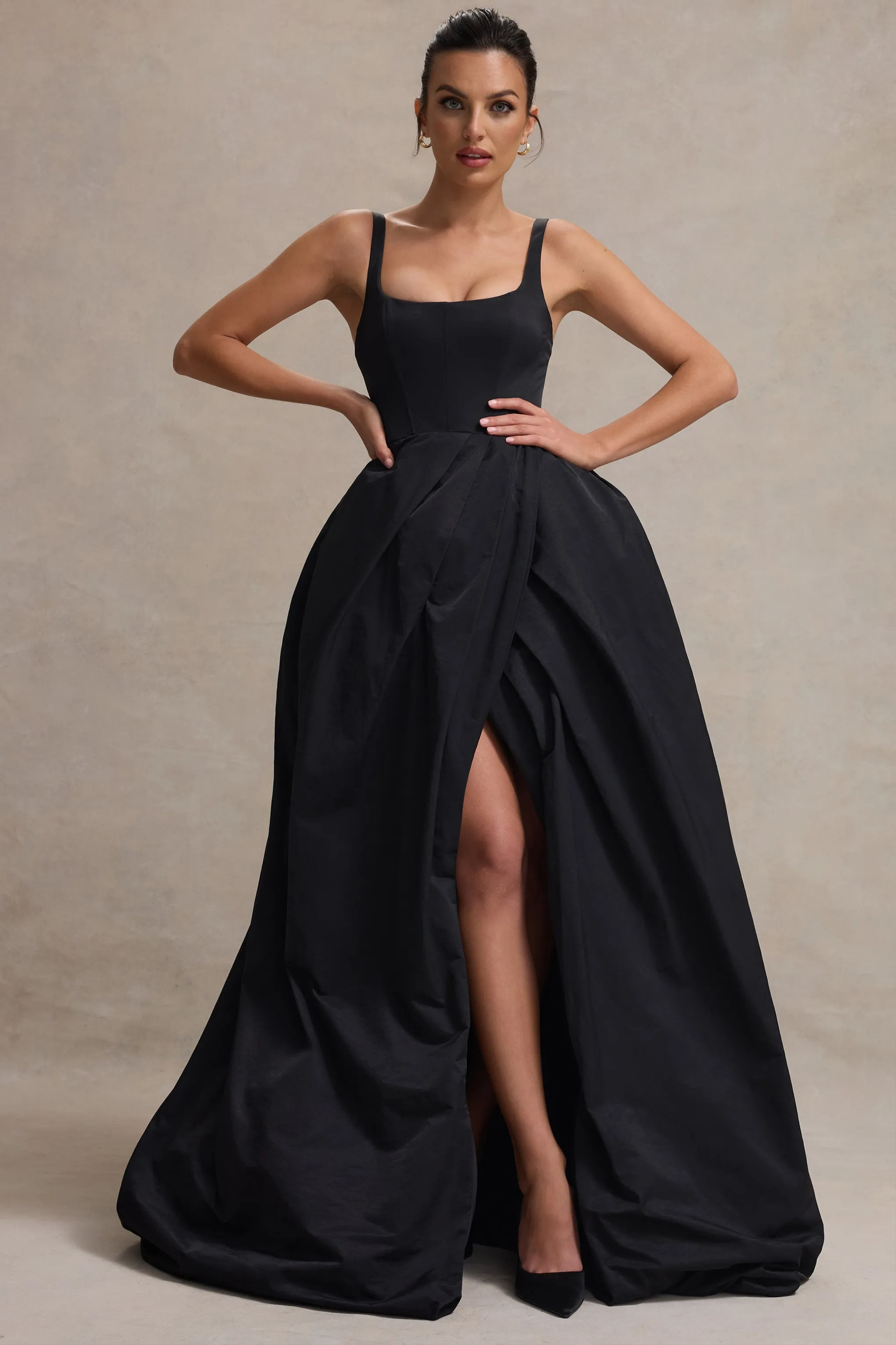 Infinite | Black Strappy Maxi Dress With Volume High-Low Skirt