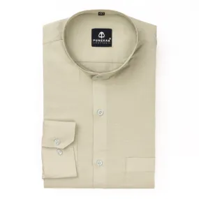 Ivory Color Band Collar Solid Shirt For Men