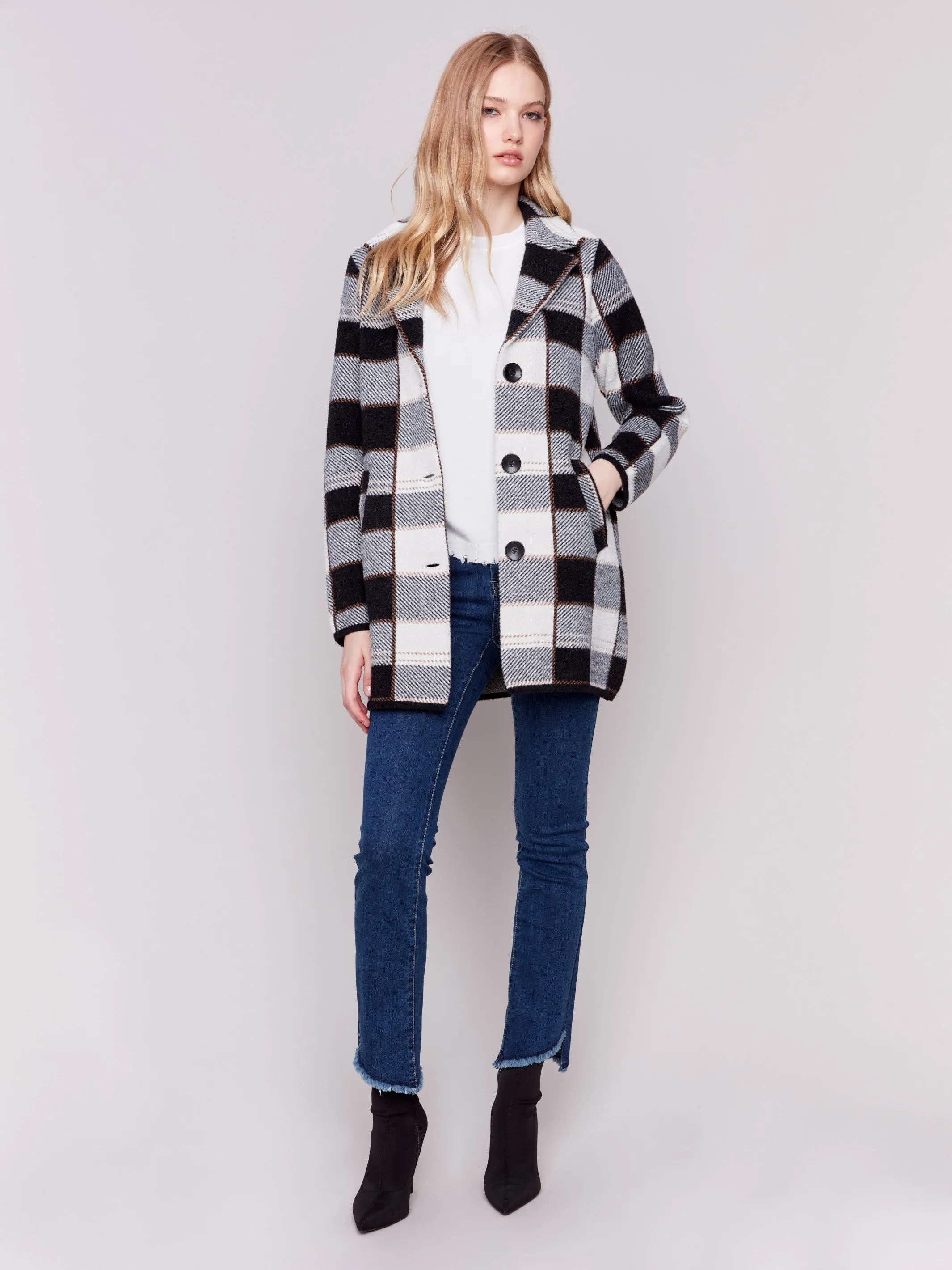 Knit Plaid Coat - Truffle