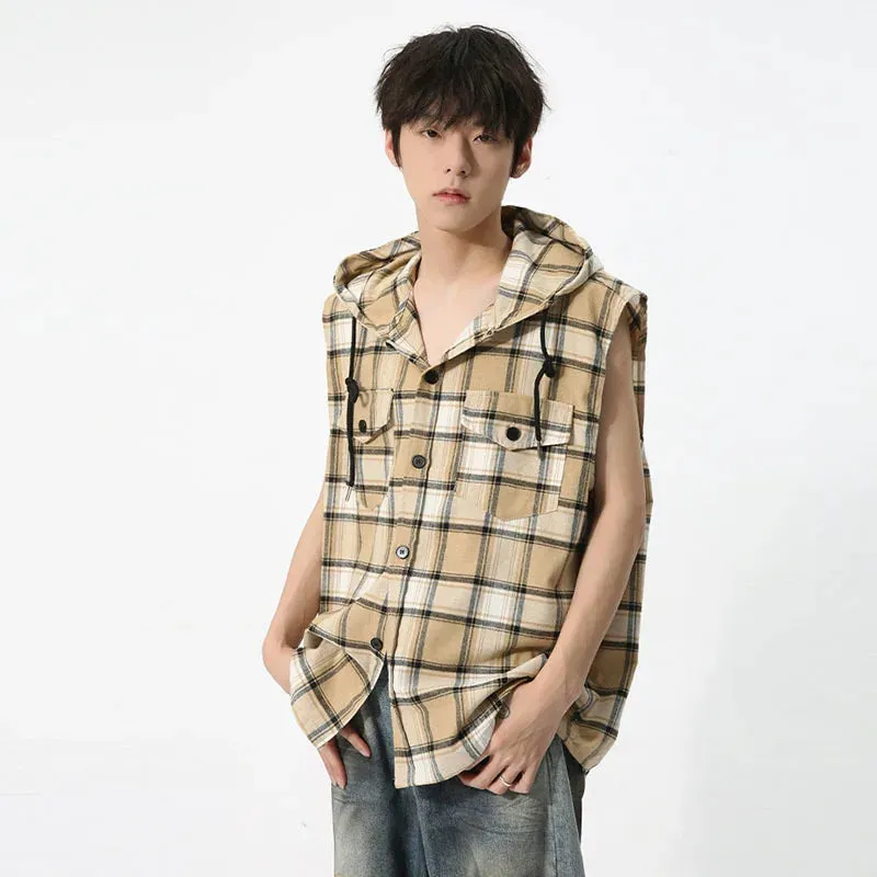 Korean Style Male Jackets Contrast Color Plaid Hooded Design Sleeveless Pullover Men's Coats Summer Trend  9C6723