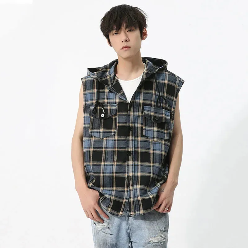 Korean Style Male Jackets Contrast Color Plaid Hooded Design Sleeveless Pullover Men's Coats Summer Trend  9C6723