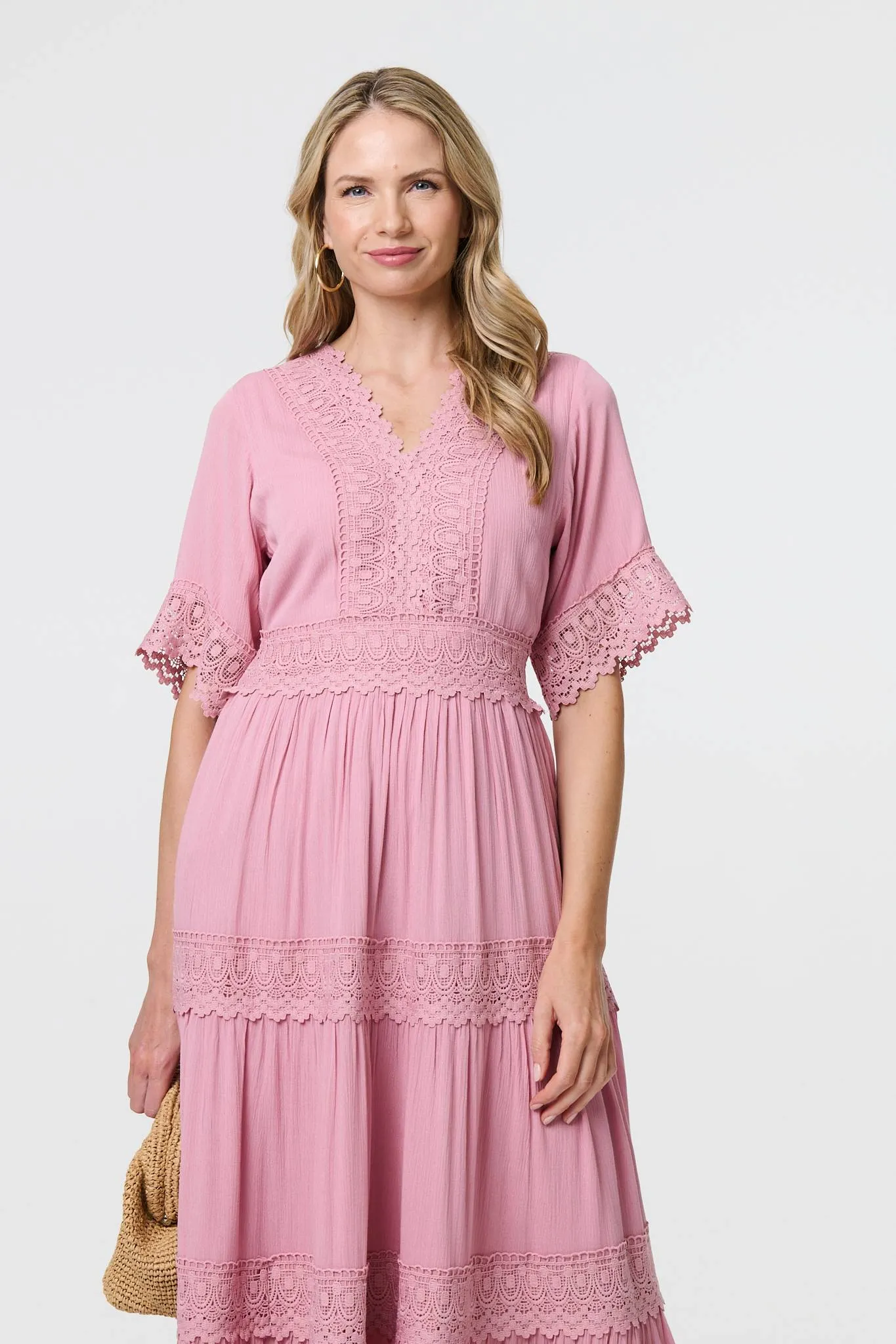 Lace Trim 1/2 Angel Sleeve Maxi Dress