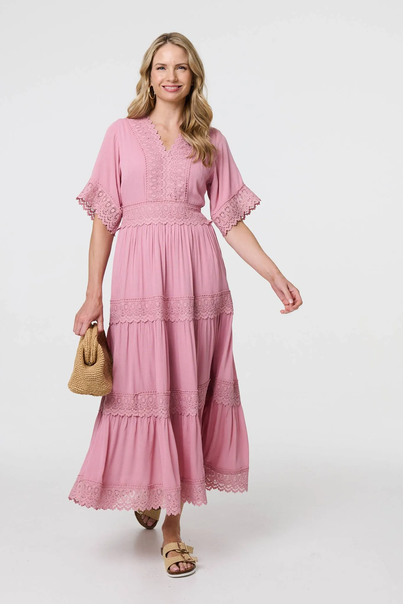 Lace Trim 1/2 Angel Sleeve Maxi Dress