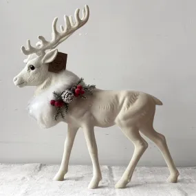 Large Flocked White Reindeer with Festive Adornment